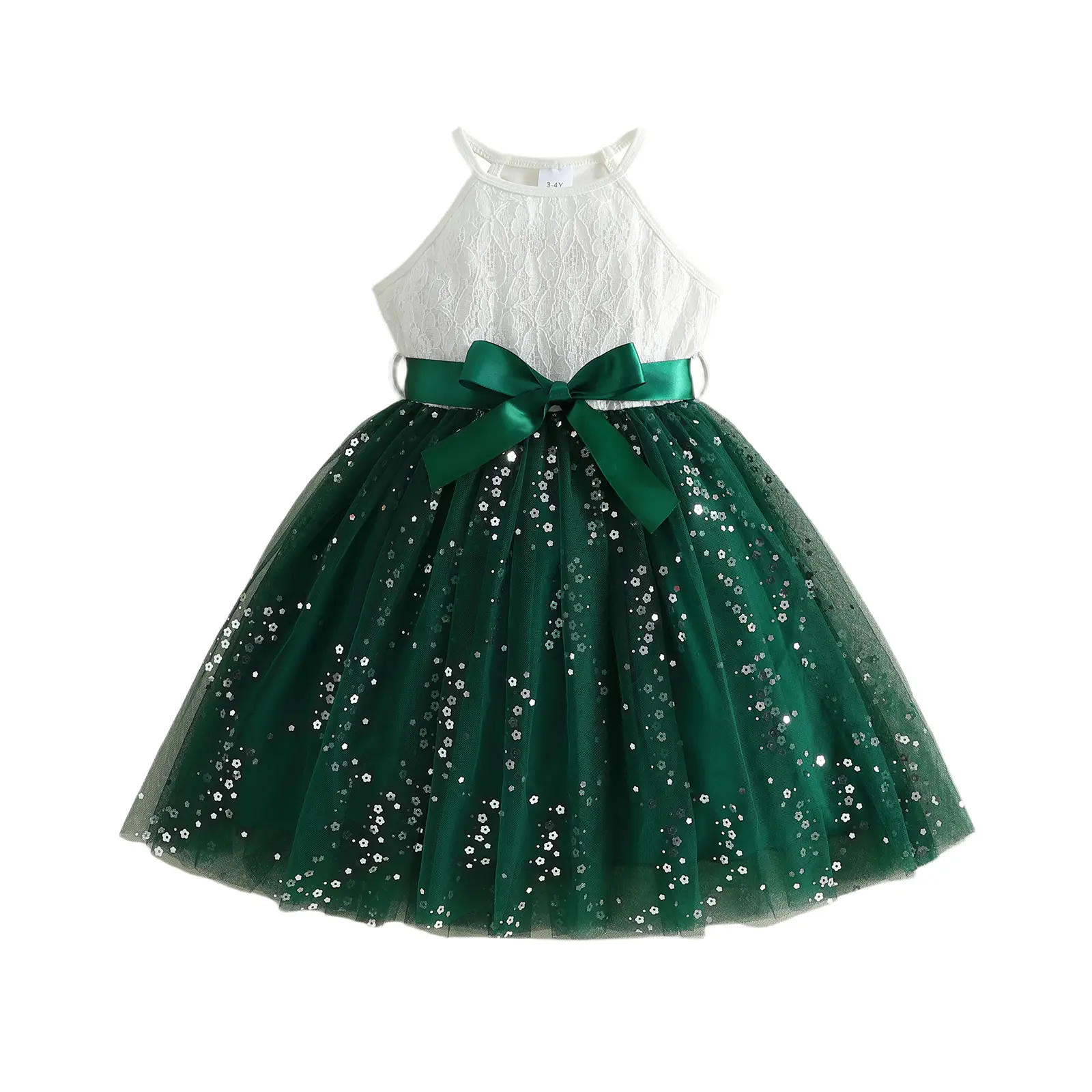 Girls Sequin Tulle Halter Dress Party Formal Gown Sparkly Glitter Sequins Dress with Bow Belt for Birthday, Wedding, Pageant 3-10Years