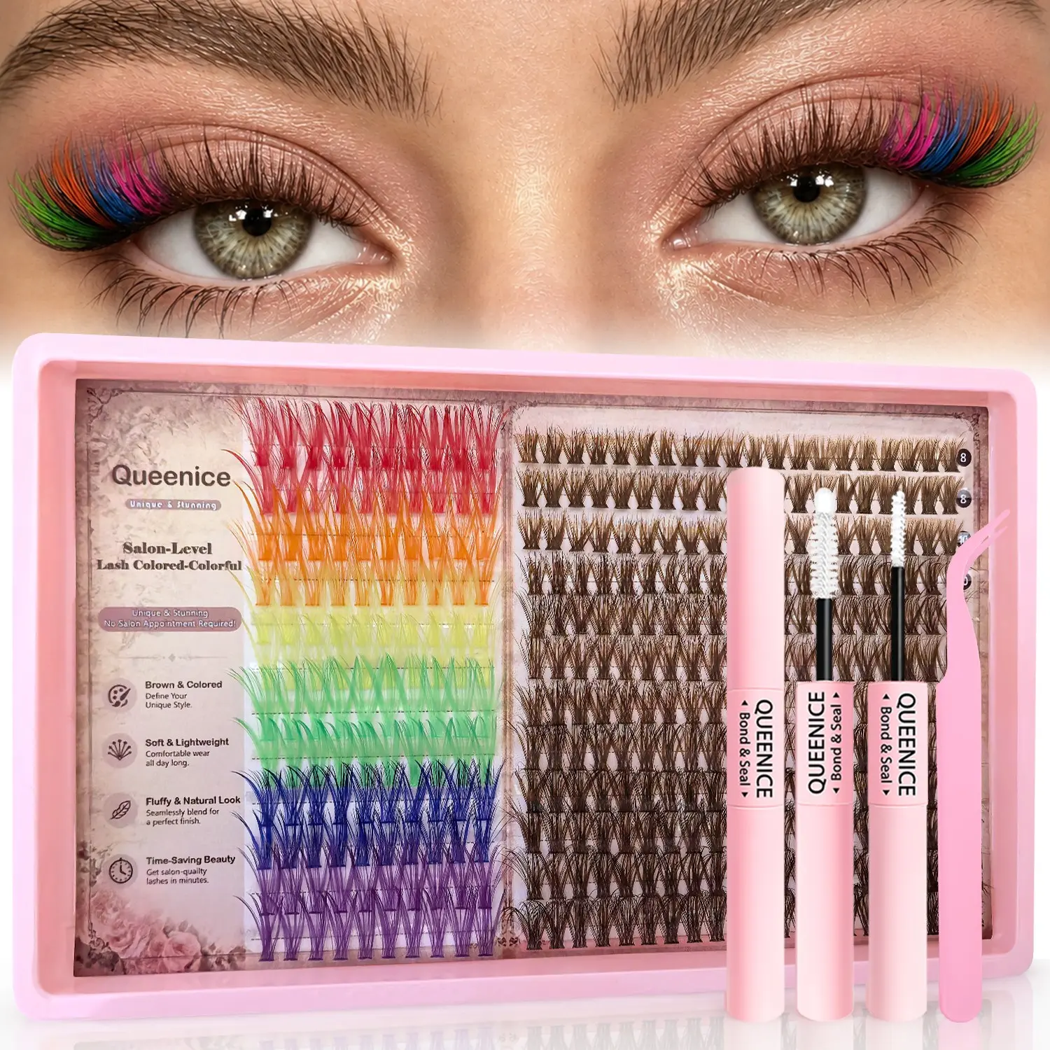 Lash Extension, Cluster Lash Set, Brown and Colorful Clusters, D Curl 8-16Mm 5 Mixed Density 60D Fluffy Thick False Lashes, Dramatic，for Daily/ Work/ Party/ Dating,Makeup, Luxurious Fake Eyelashes, Volumized False Eyelashes, Volume Lashes
