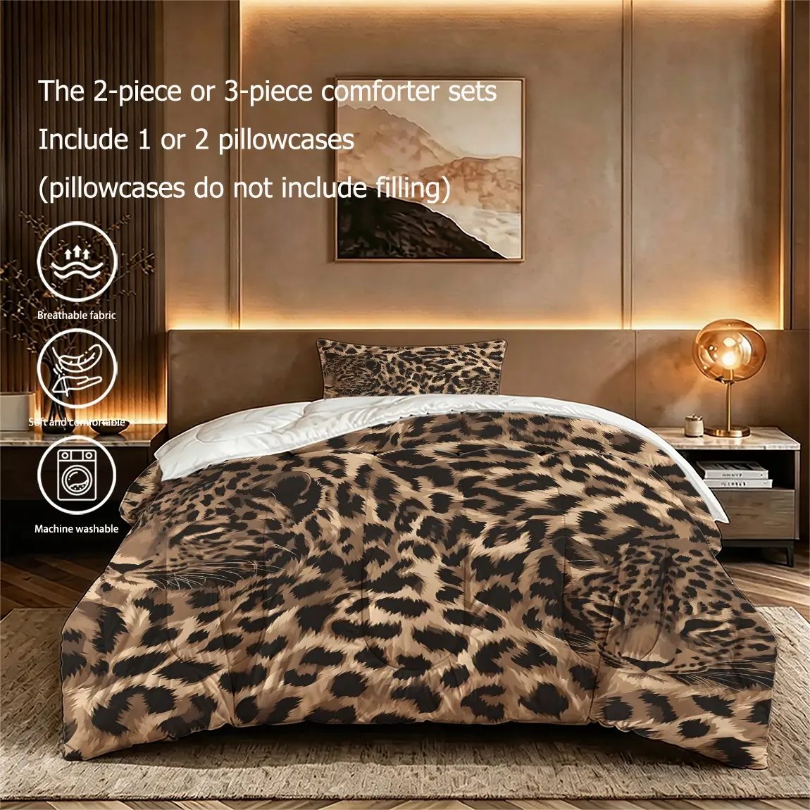 2/3pcs (1 comforter + 2 pillowcases) Leopard Print Bedding Comforter Set, Microfiber Soft Lightweight All-Season Bedding Set, Fade Resistant Breathable Machine Washable, Pillowcases Without Filling, Perfect for Bedroom Guest Room Dorm Home