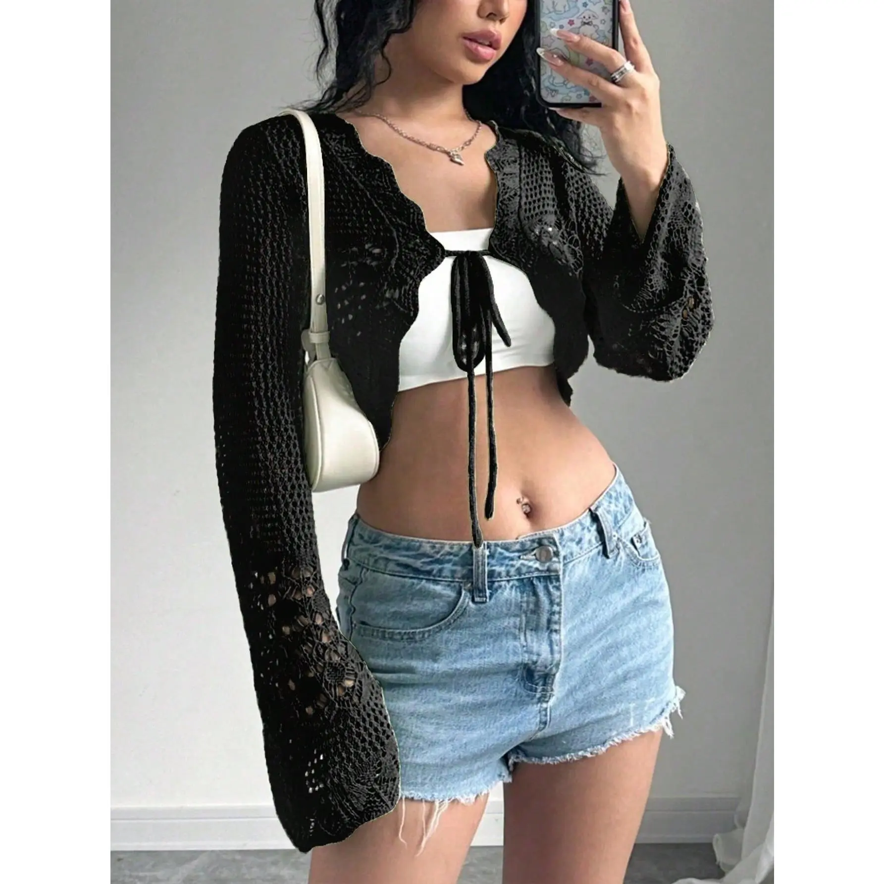 Women's Spring/Summer Casual Solid Color Hollow Knit Cropped Cardigan With Flare Sleeves,Long Sleeve Tops Fall Winter Cloth For Women