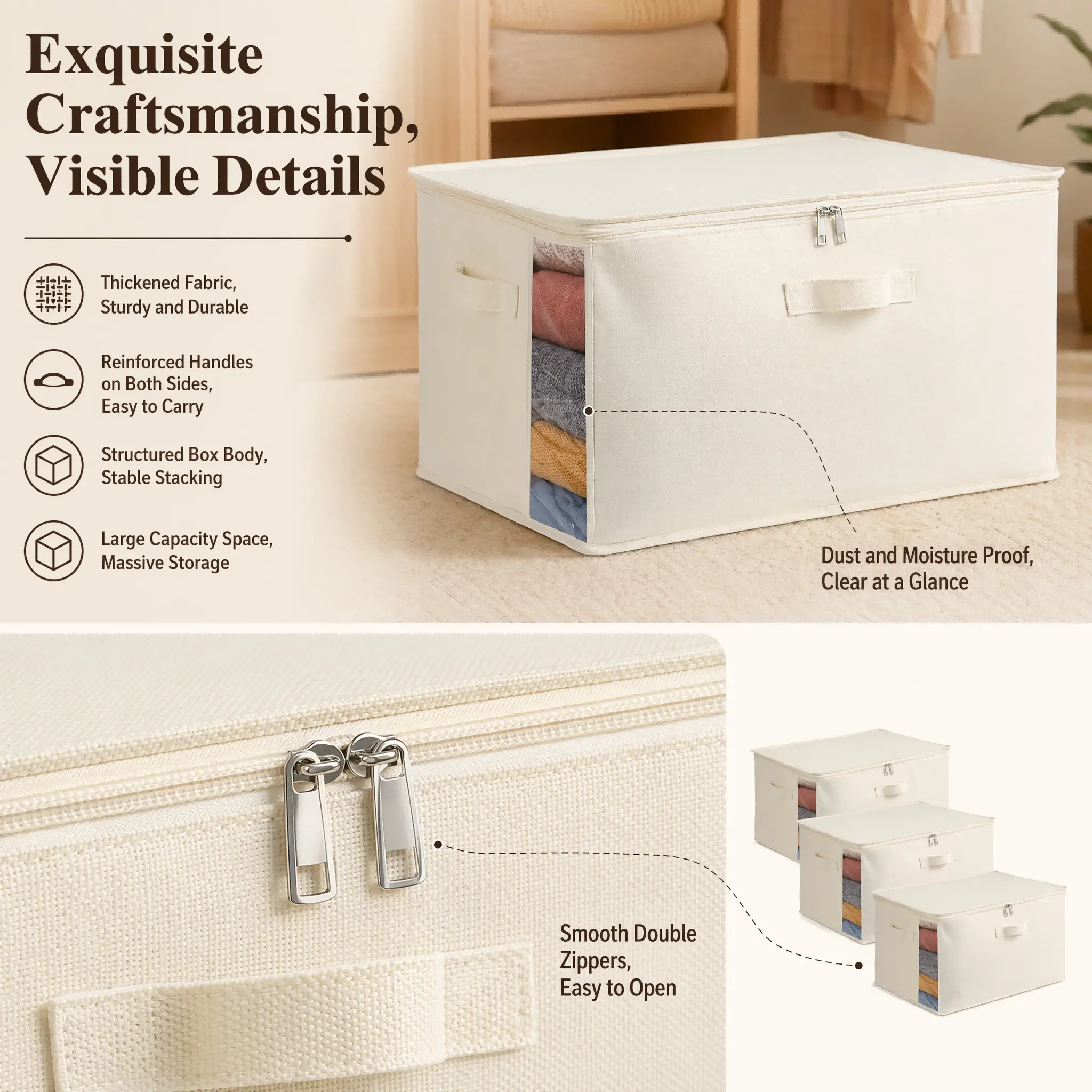 2 Pack & 3 Pack Optional Foldable Fabric Clothes Storage Organizer Boxes With Clear View Window Double Zipper And Carry Handles For Closet Under Bed Quilt Garment Storage