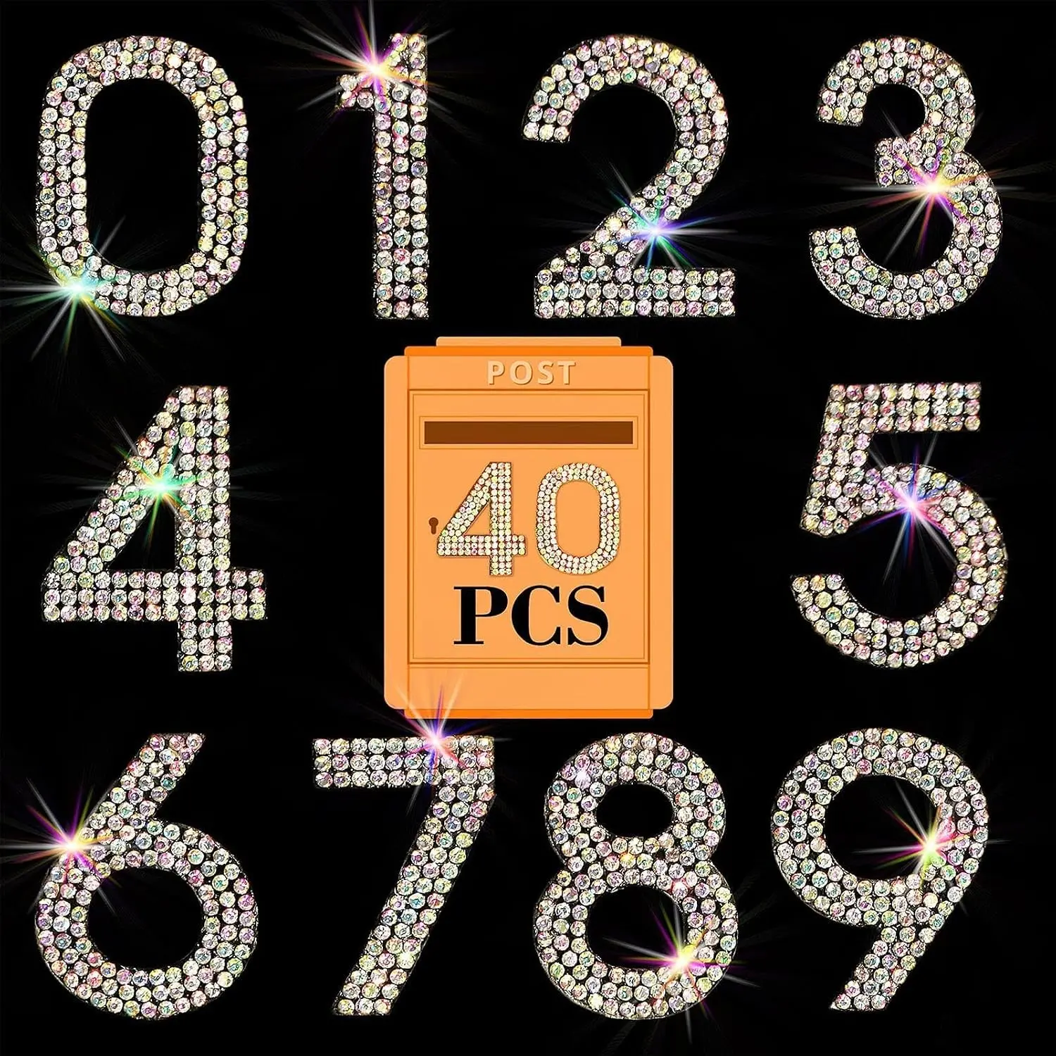 40Pcs Crystal AB Bling Rhinestone Self-Adhesive Glitter Number Stickers 0-9 DIY Iron-on Numbers Patches for Mailbox Cars Doors Crafts Clothing 1.57 InchGift