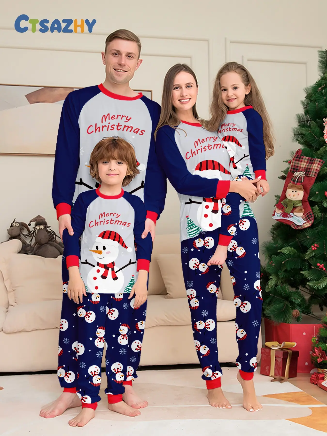 Family Pajama Set, Snowman Merry Christmas Design, Long Sleeve and Pants, Soft Fabric, Perfect for Holiday Photos and Gatherings
