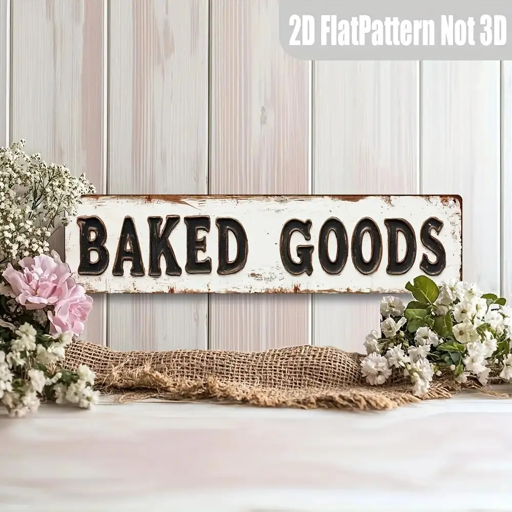 Vintage Rustic Farmhouse Aluminum Baked Goods Sign - 4x16in White Metal Wall Decor for Kitchen, Wedding Home Decor Plaques & Signs