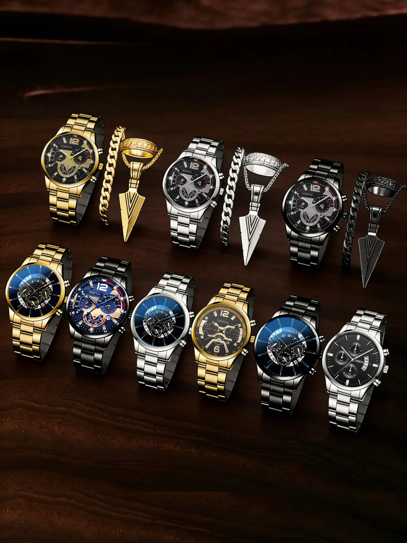 18Pcs Stylish Business Men's Watch Jewelry Set, Watch with Necklace, Bracelet & Ring, Exquisite Accessory Kit, Ideal Birthday Gift