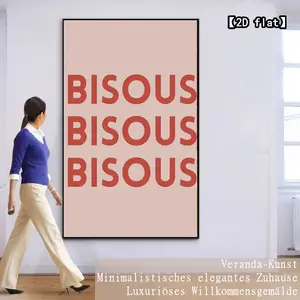【2D flat】Red text repeating "BISOUS" three times, 1 piece of modern life frameless decoration, decorative painting art, neutral texture, wall decoration for bars, homes, and dormitories, cafes, living rooms.