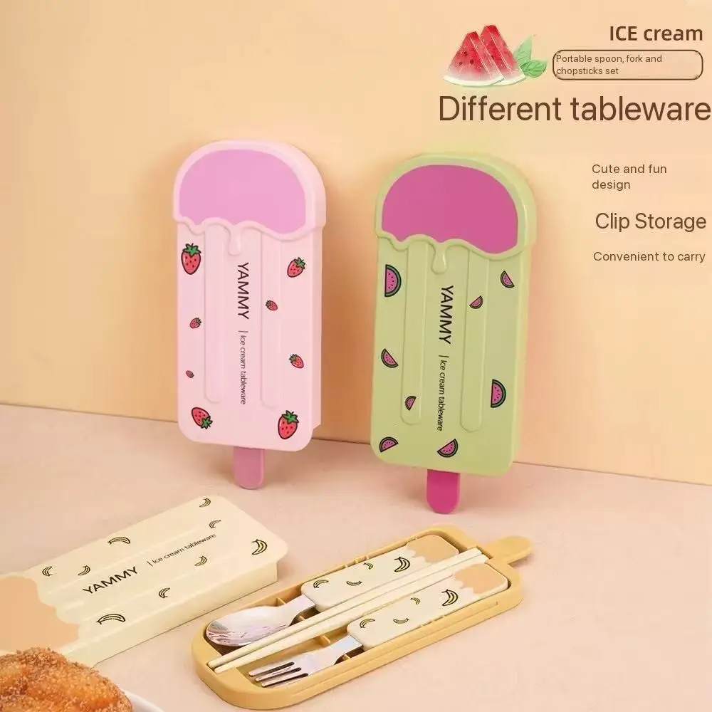 304 Stainless Steel Spoon Fork Chopstick Set, Cute Ice Cream Portable Cutlery, Sweet Dessert Spoon, Fruit Fork, Three-Piece Kit