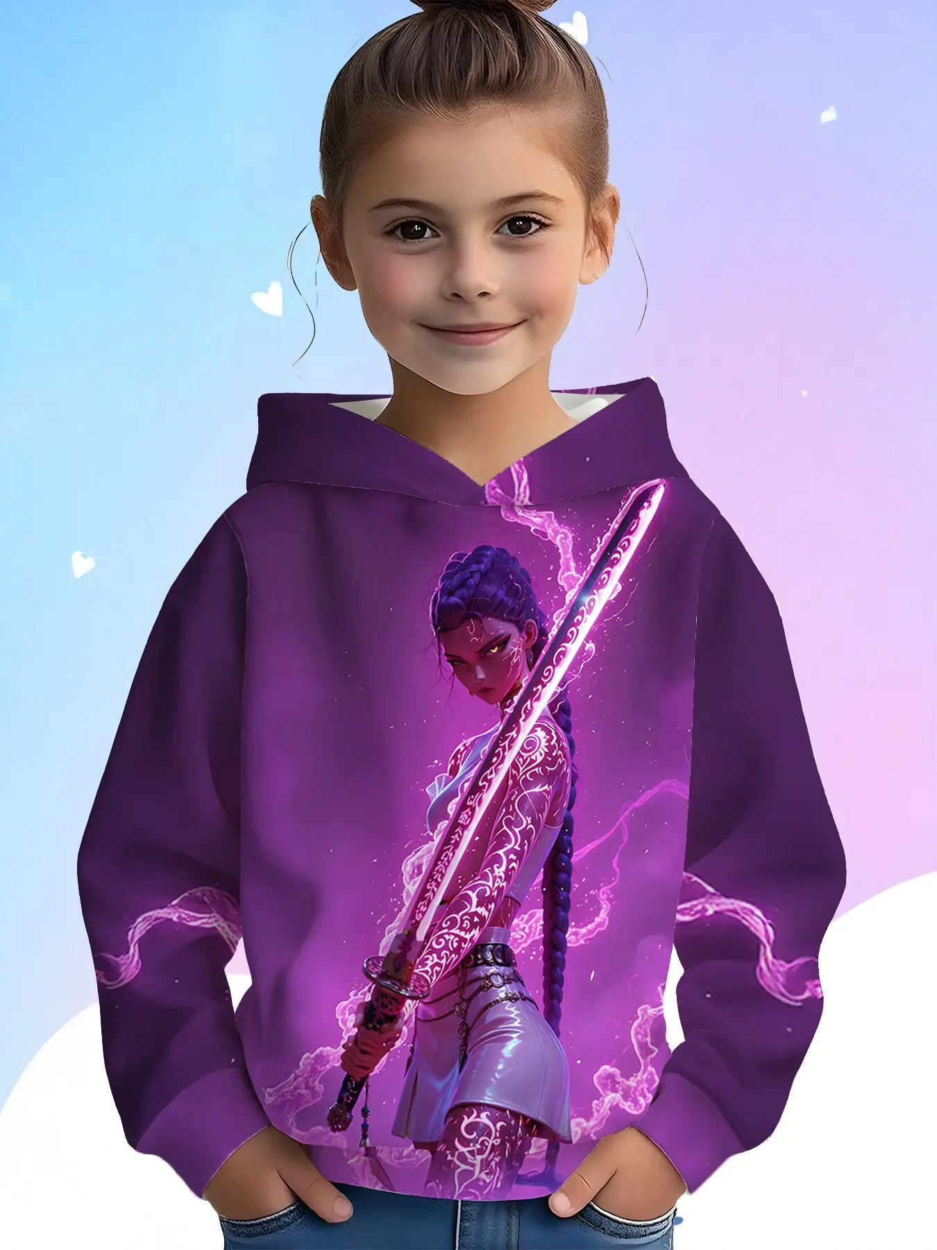 Rumi Hair Samurai Girl Hoodie, 3D Full Print, Loose Fit, Long Sleeve, Pocket, Casual Sweatshirt, Anime Fan Gift