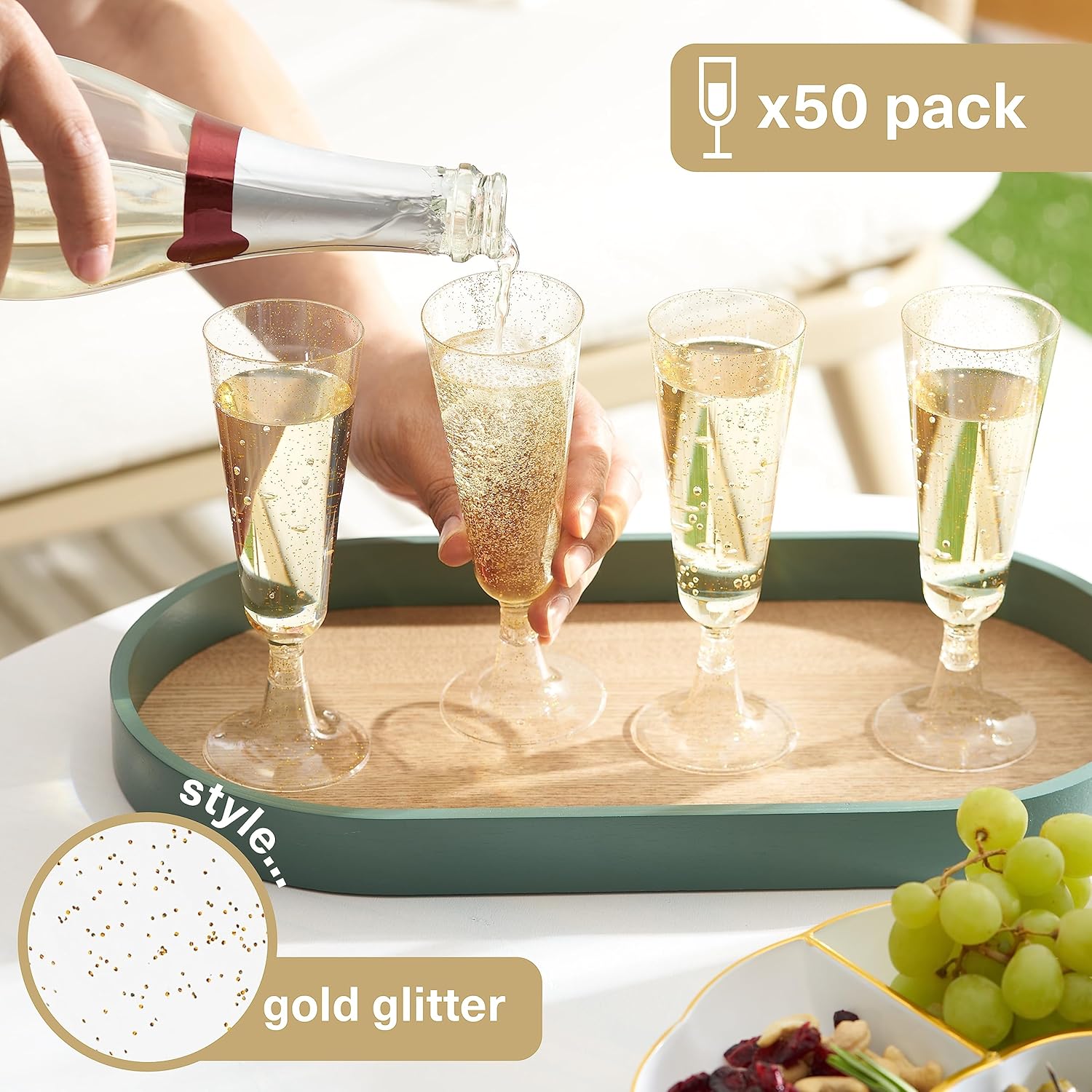 Disposable 50-Pack 5oz Gold Glitter Plastic Champagne Flutes - Toasting Glasses for Weddings, Parties, Desserts, Mimosas (For Men's Special Occasion & Workwear Events)