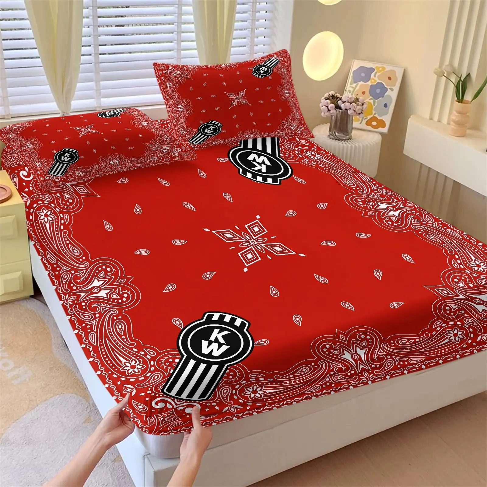 Vintage Border Paisley Red Bandana Fitted Sheet Set, 1 Fitted Sheet + 2 Pillowcases - 3 Piece, Soft Microfiber Deep Pocket Design All Season, KW Monogram Hip Hop Bedroom Decoration, Gift for Streetwear Enthusiasts