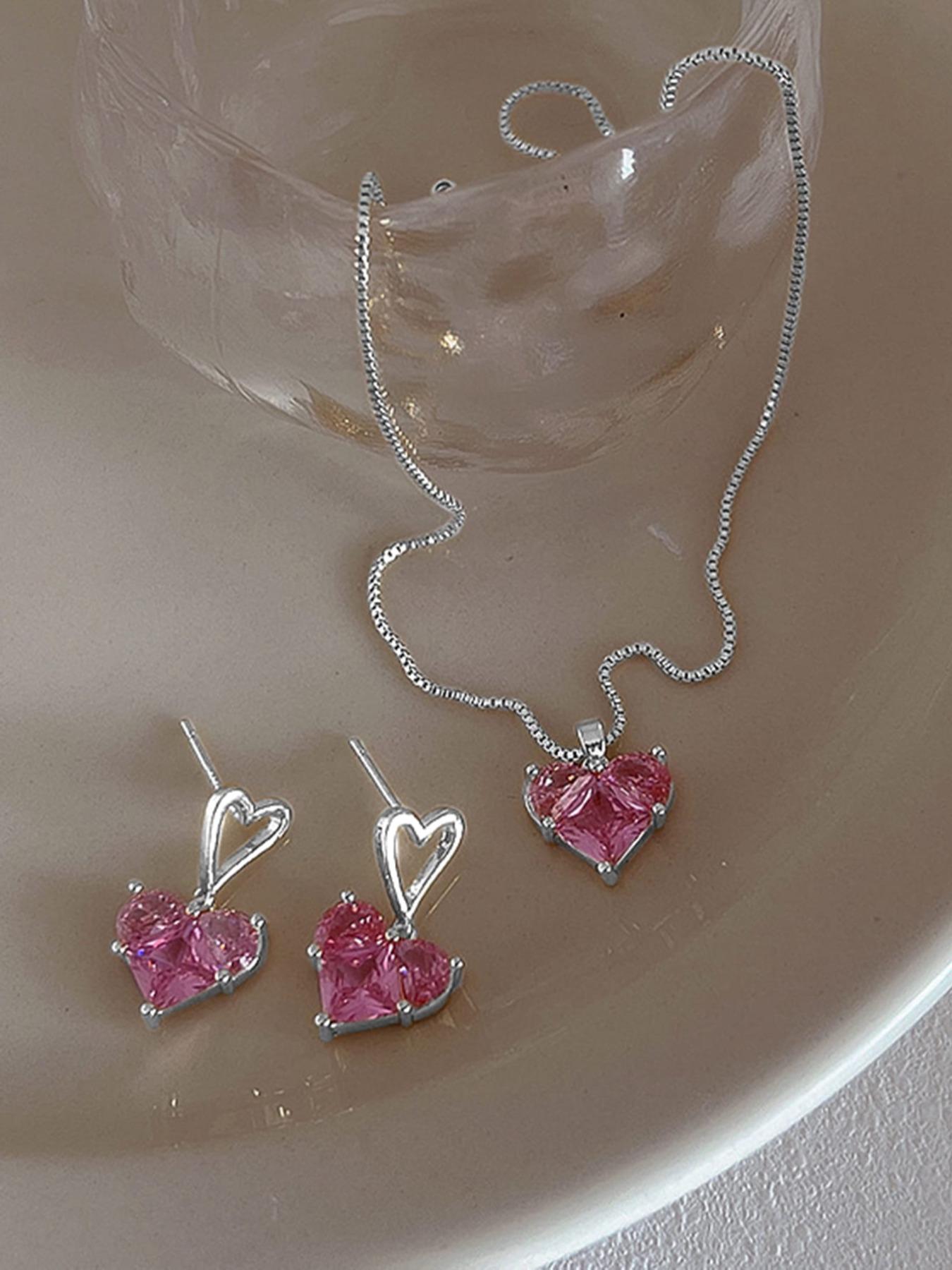 2024 Summer Heart Shape Design Jewelry Set, Pink Artificial Zircon Inlaid Pendant Necklace and Dangle Earrings, Sweet Fashion Matching Jewelry Accessories Set
