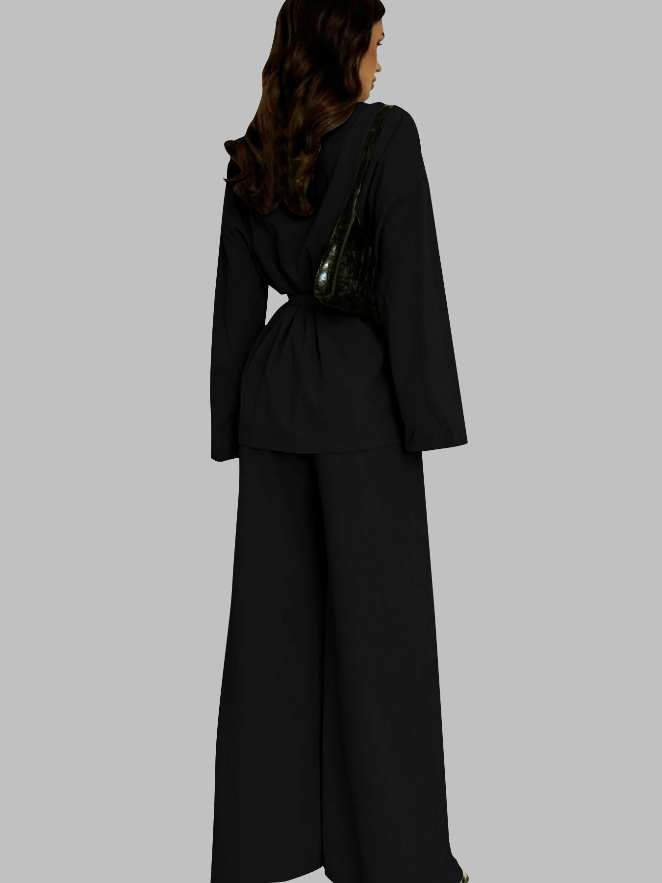 Two-piece Set Women's Solid Color Long Sleeve Open Front Blazer & Wide Leg Pants Set, Casual Elegant Fitted Two-piece Outfits for Work Office Business, Ladies Spring & Fall Clothes, Chic Womenswear, Minimalist Suits