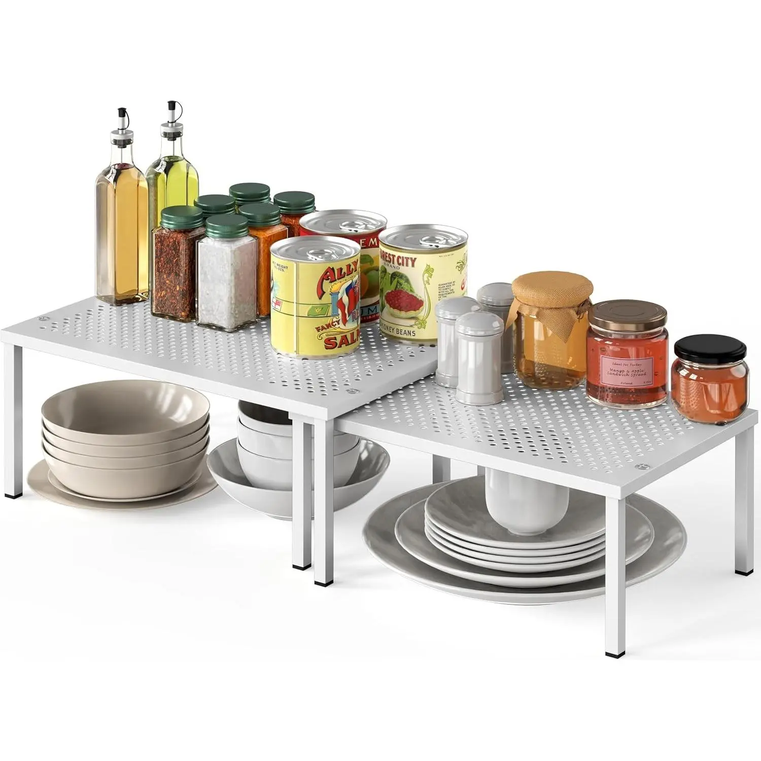 Expandable Stackable Kitchen Counter Shelf Organizer, White, Metal Top, 11.25"L x 7.9"W x 5.4"H