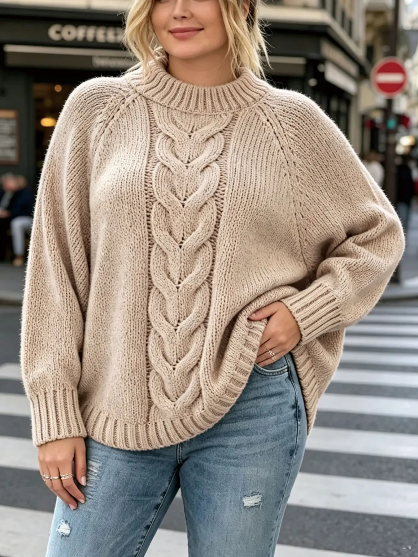 Plus Size Elegant Casual Oatmeal Cable Knit Turtleneck Sweater, Oversized Batwing Long Sleeve Pullover for Women, Winter Office Daily Wear