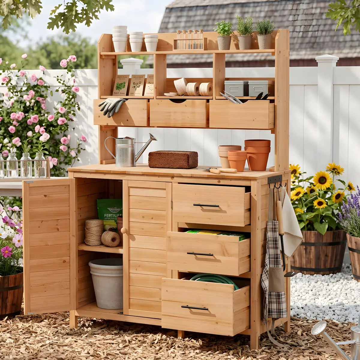 Farmhouse Patio Potting Bench, 44.6''x19.5'' Large Freestanding Garden Workstation with 6 Drawers, Bottom Cabinet and Side Hook, Outdoor Kitchen Island