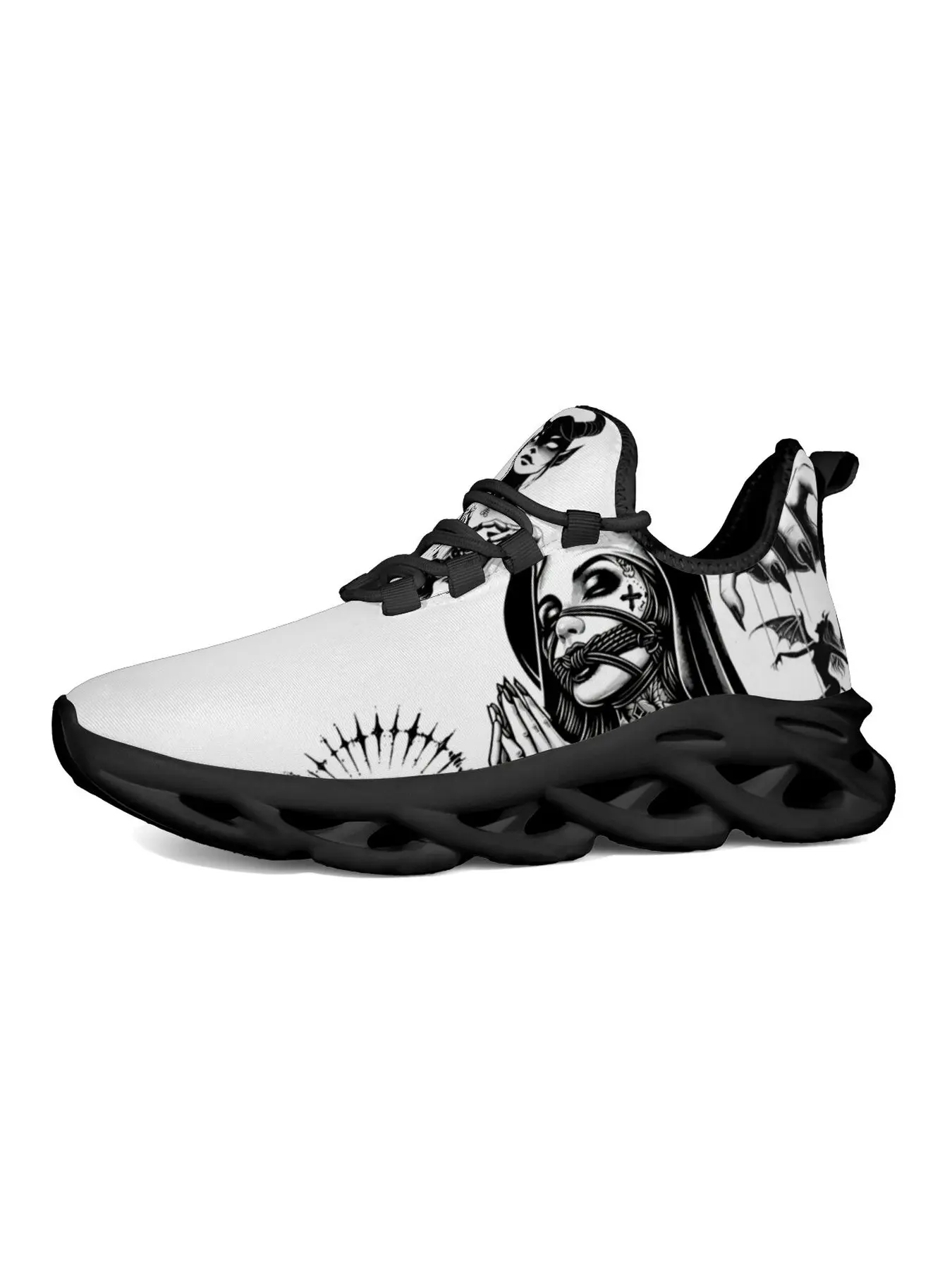 Nun Black Monochrome Chicano Tattoo Figure Blade Sneakers Adult Dark Gothic Praying Lady Small Devil Sketch Print Street Punk Casual Athletic Trainers For Men Women