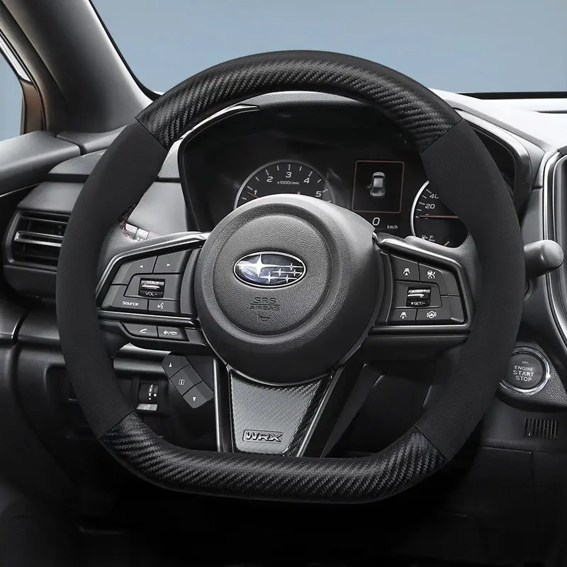 For Subaru carbon fiber texture leather suede steering wheel cover accessories, Automotive, ultra-thin non-slip, for Impreza, WRX, Legacy, Outback, Forester, Crosstrek, XV, Ascent, Evoltis, Solterra, BRZ, etc. Available in black, mocha, red