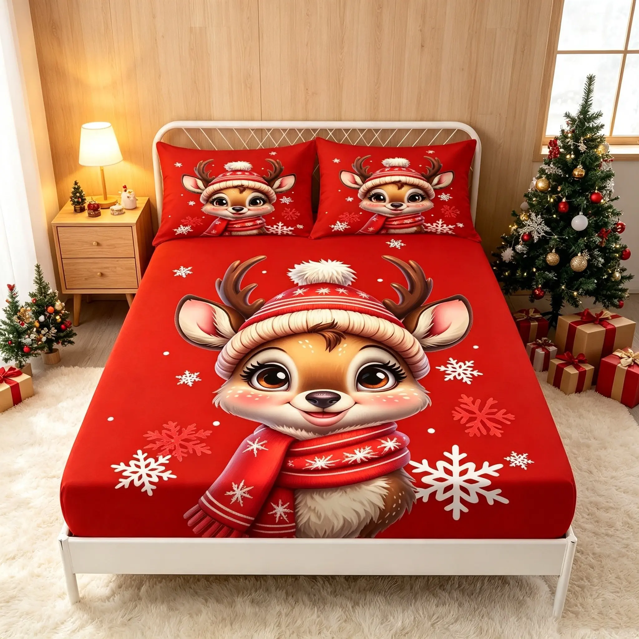 3pcs Christmas Deer Bed Sheet Set, Red Snowflake Anti slip Bed Set, Children's Fun, Holiday Home Bedding Includes 1 Bed Sheet and 2 Pillowcases (unfilled)