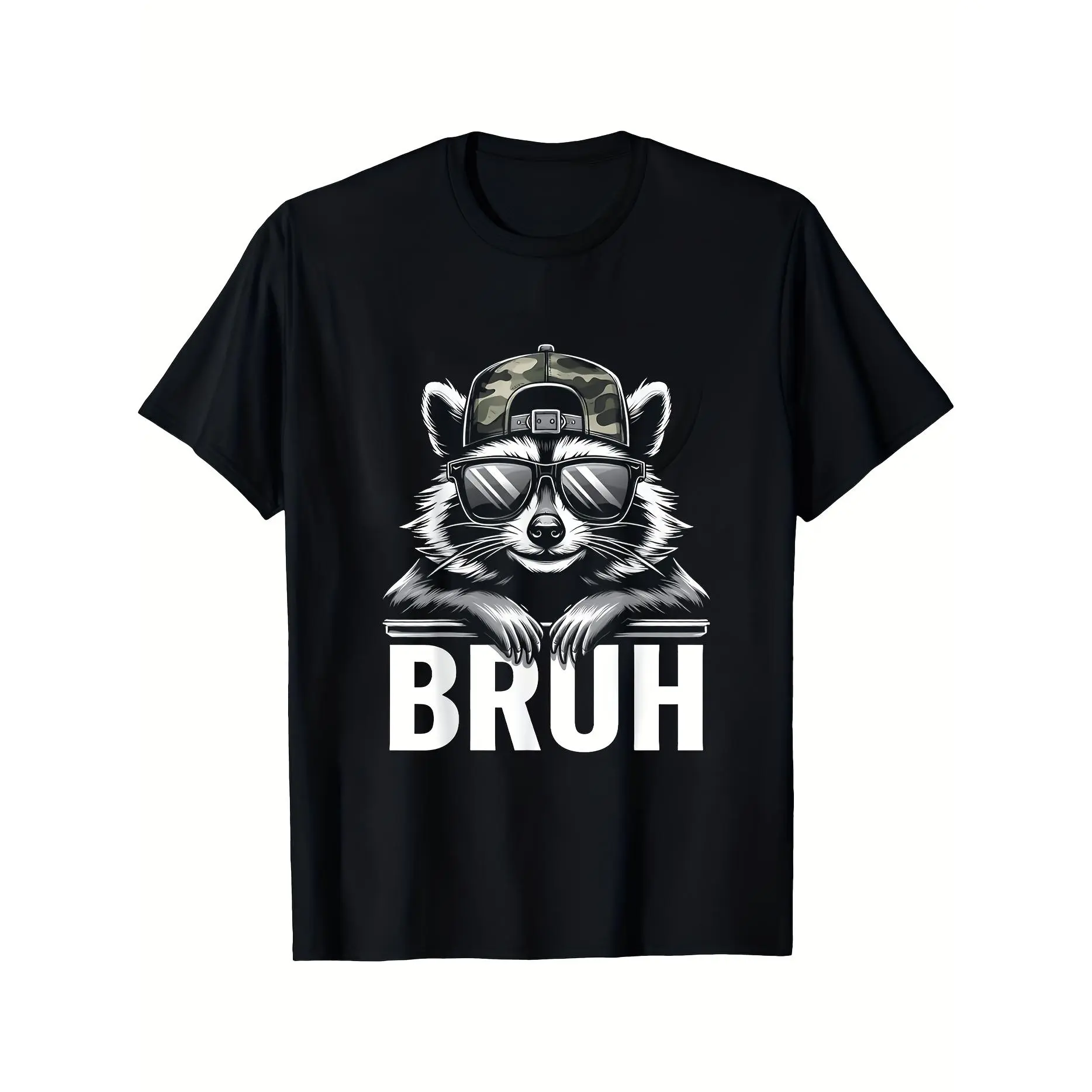 1pc Boys and Girls Cute Raccoon Face Print Black T-Shirt - Casual Crew Neck Short Sleeve Top, Medium Stretch Fabric, Suitable for Spring, Summer, Autumn, and Winter, Valentine's Day Outfit, Easy Care Machine Washable Kids' Top(3Y-13Y)