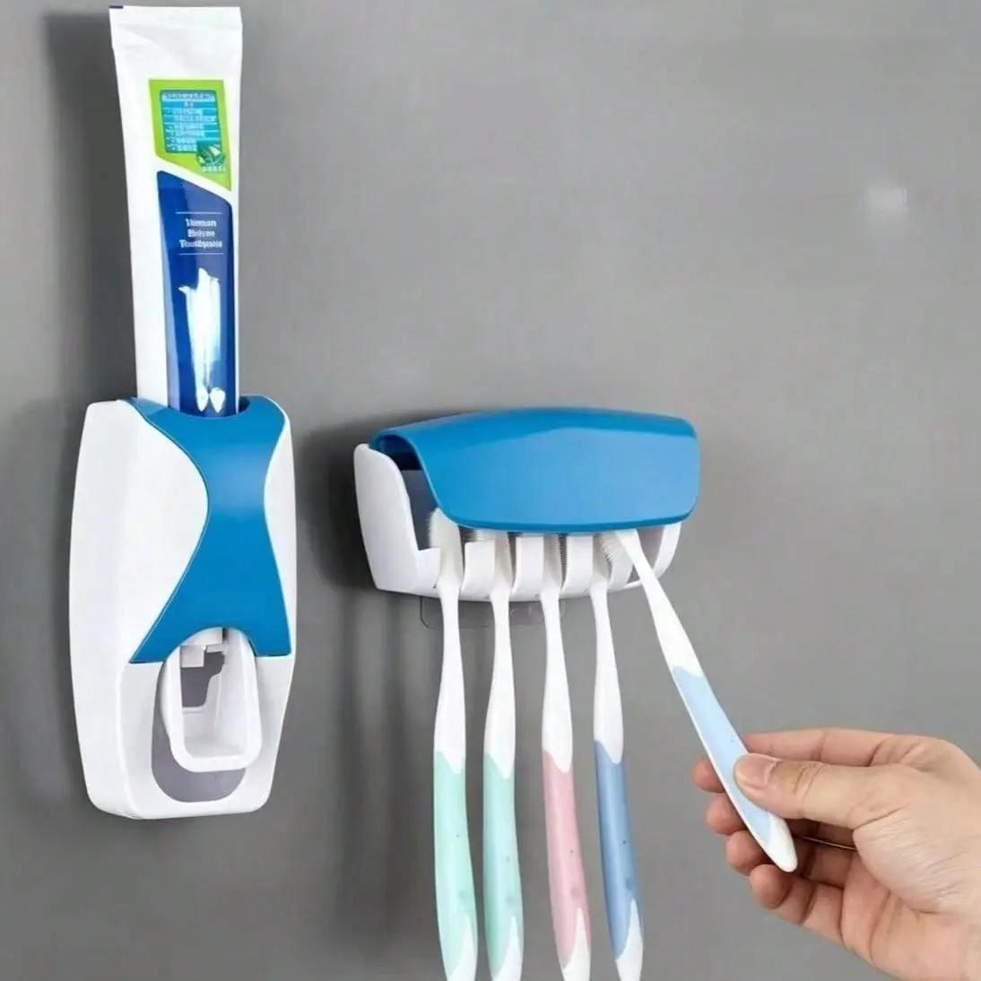 5-Slot Toothbrush Holder with Lid, Self-Adhesive Wall-Mounted Plastic Bathroom Organizer, Toothbrush Holders for Bathrooms, Holds 5 Toothbrushes, Perfect for Dorms and Showers