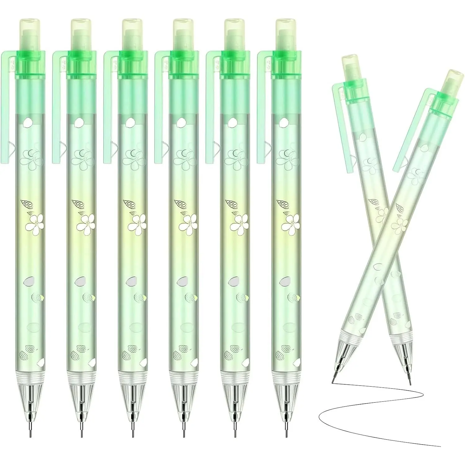 6 count Green Cherry Blossom Mechanical Pencils, 0.5mm & 0.7mm Pencils | Cute Green Cherry Blossom Design with Kawaii Mechanical Pencils, Smooth Writing for School, Office and Daily Use