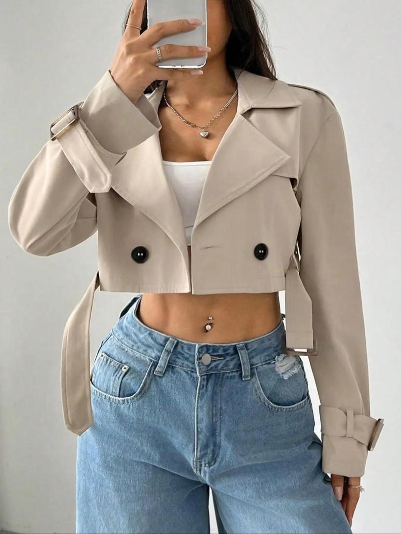 Women's Solid Double Button Belted Lapel Neckline Crop Trench Coat, Casual Long Sleeve Crop Outerwear for Spring & Fall, Women's Clothing for Daily Wear, Lady Jackets