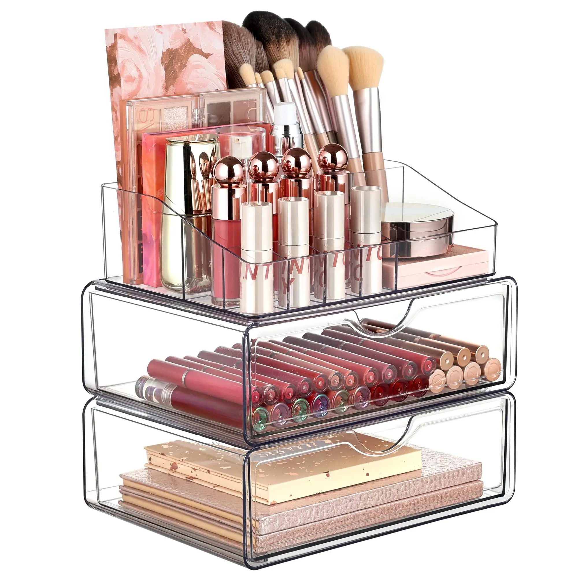 3 Tier Clear Makeup Organizer with 2 Drawers, Smart Storage Layout, Clear for Better Visibility, Stackable, Large Capacity, for Makeup Lipstick Brush Skincare