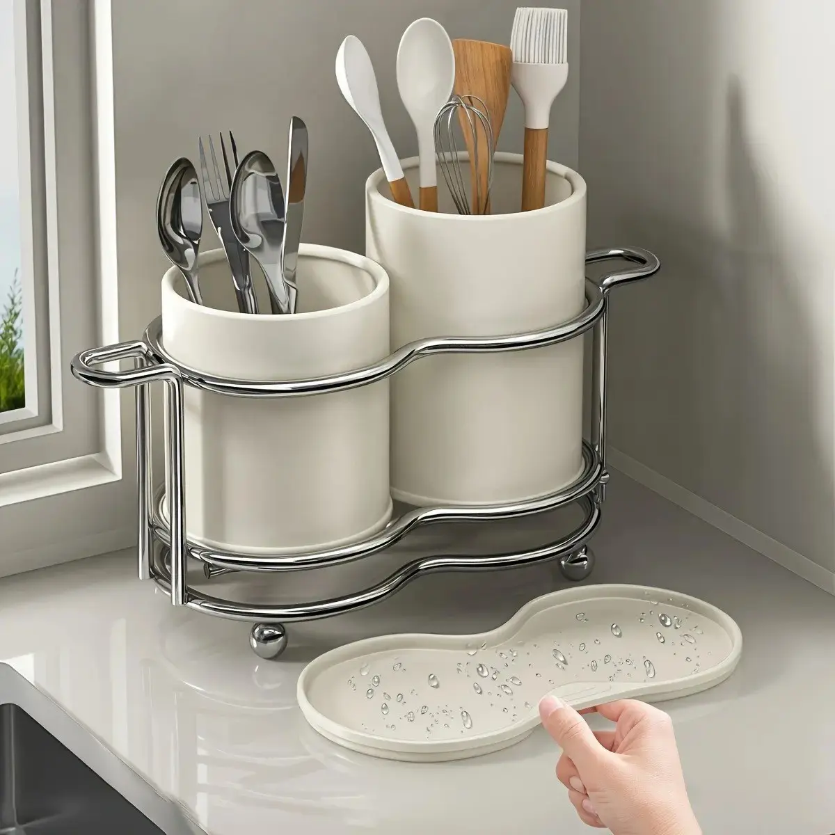 🧺 Utensil Storage Holder ｜ 2-Layer Countertop Kitchen Organizer ｜ Metal Frame Spoon Chopstick Caddy for Kitchenware, Space-Saving Countertop Storage