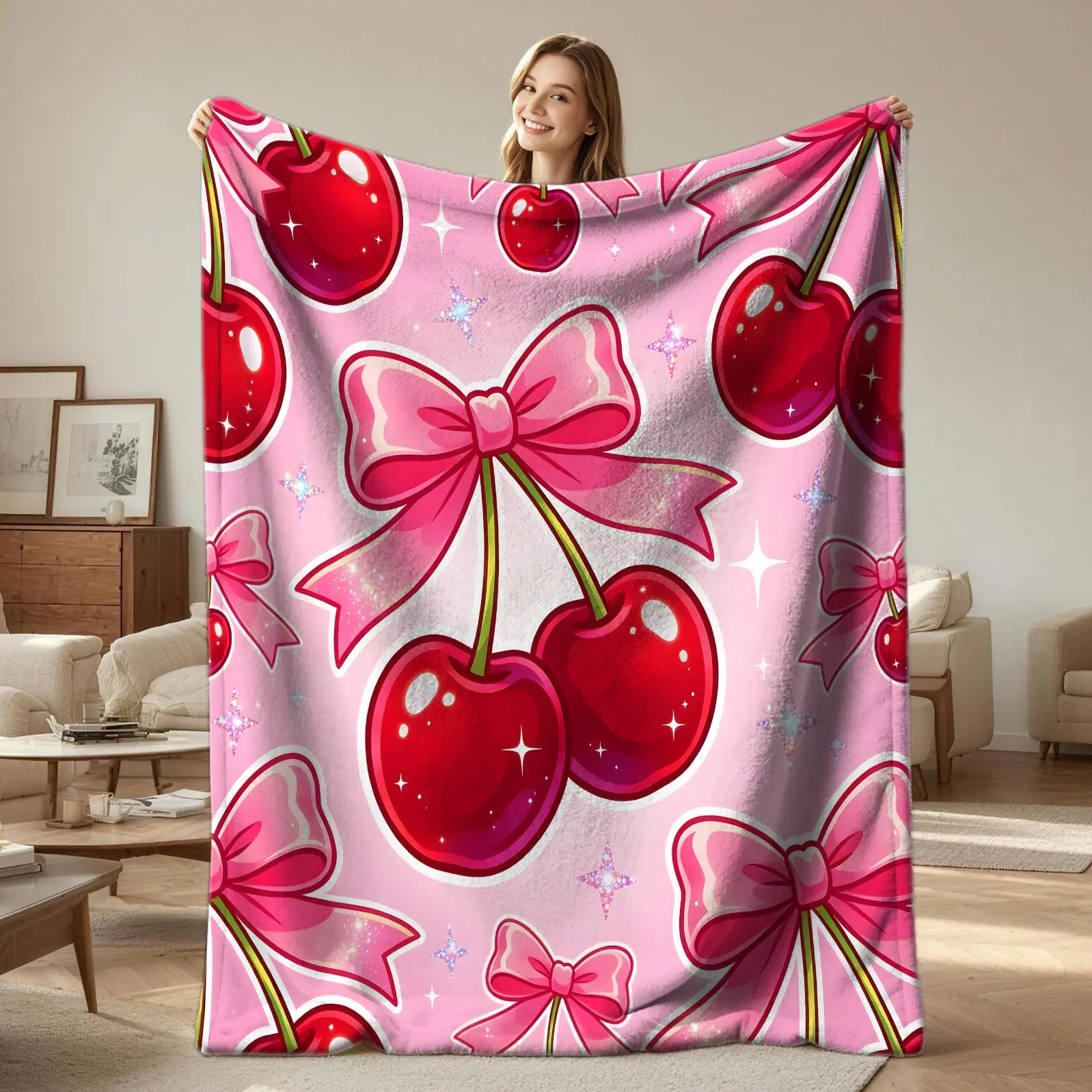 Cute Pink Cherry Bow Print Flannel Blanket, Soft Cozy Warm Throw Blanket, Aesthetic Sparkle Digital Printed Lightweight Warm Blanket, Versatile Gift Blanket for Sofa Bed Couch Camping Travel, Perfect Birthday Holiday Gift for Teen Girls Women