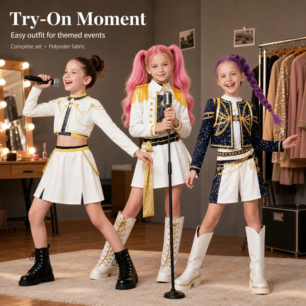 Girls' Trendy 3-Piece Singer Cosplay Suit, Glitter Polyester Stage Wear Costume polyester spiderman spiderman polyester original