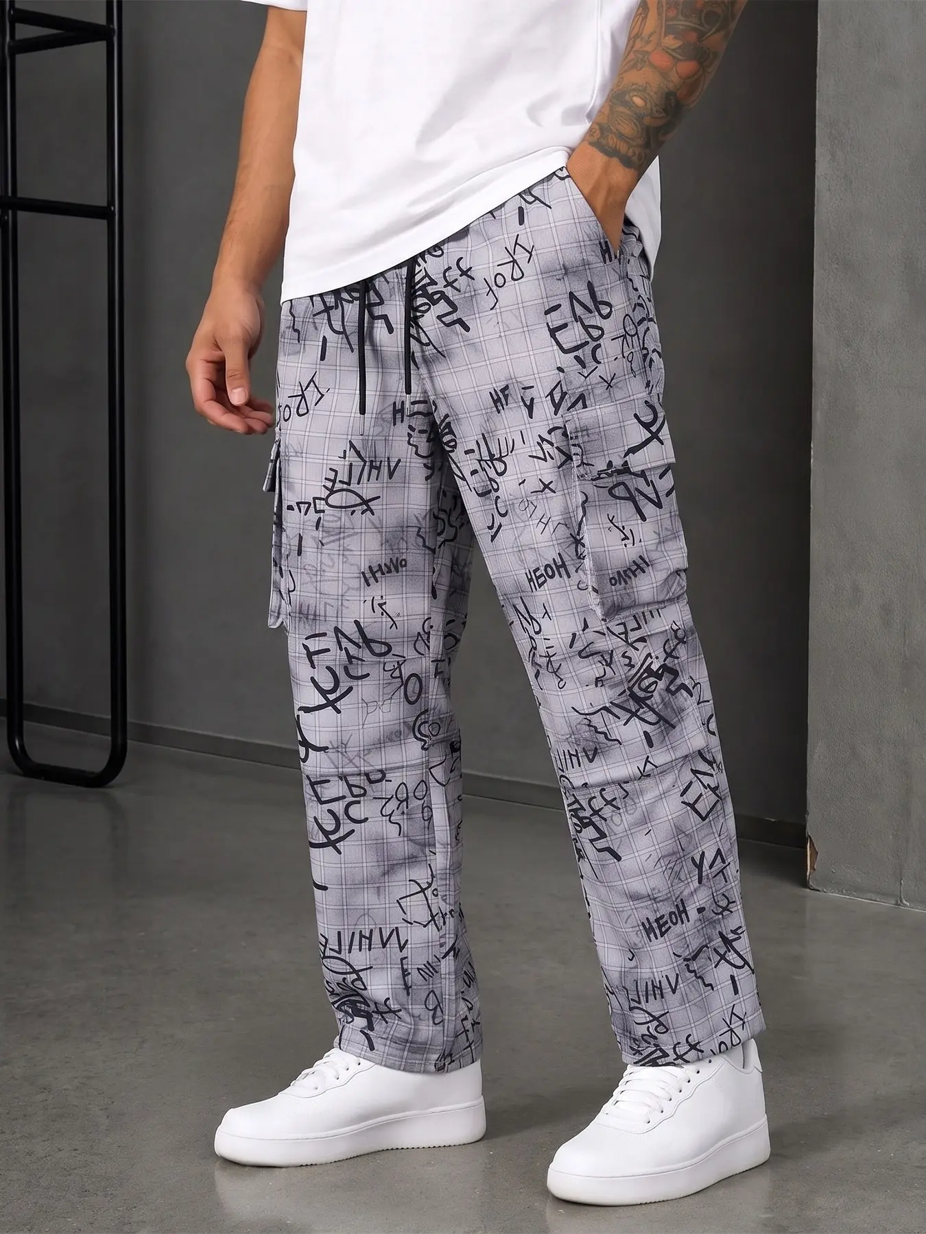Check Graffiti Print Cargo Mens Trousers, Relaxed Drawstring Waist, Urban Street-Style Pants, All Seasons, Pop Art Print