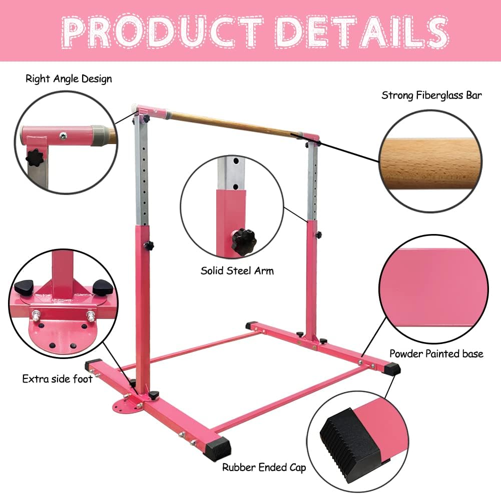 Gymnastics Bar for Girls Ages 3-15 with Ring for Indoor Equipment- Steady Steel Construction, Anti-Slip, Easy to Assemble, 3' to 5' Adjustable Height Gymnastics Bar for Girls Ages 3-15 with Ring for Indoor Equipment- Steady Steel Construction, Anti-Slip, Easy to Assemble, 3' to 5' Adjustable Height