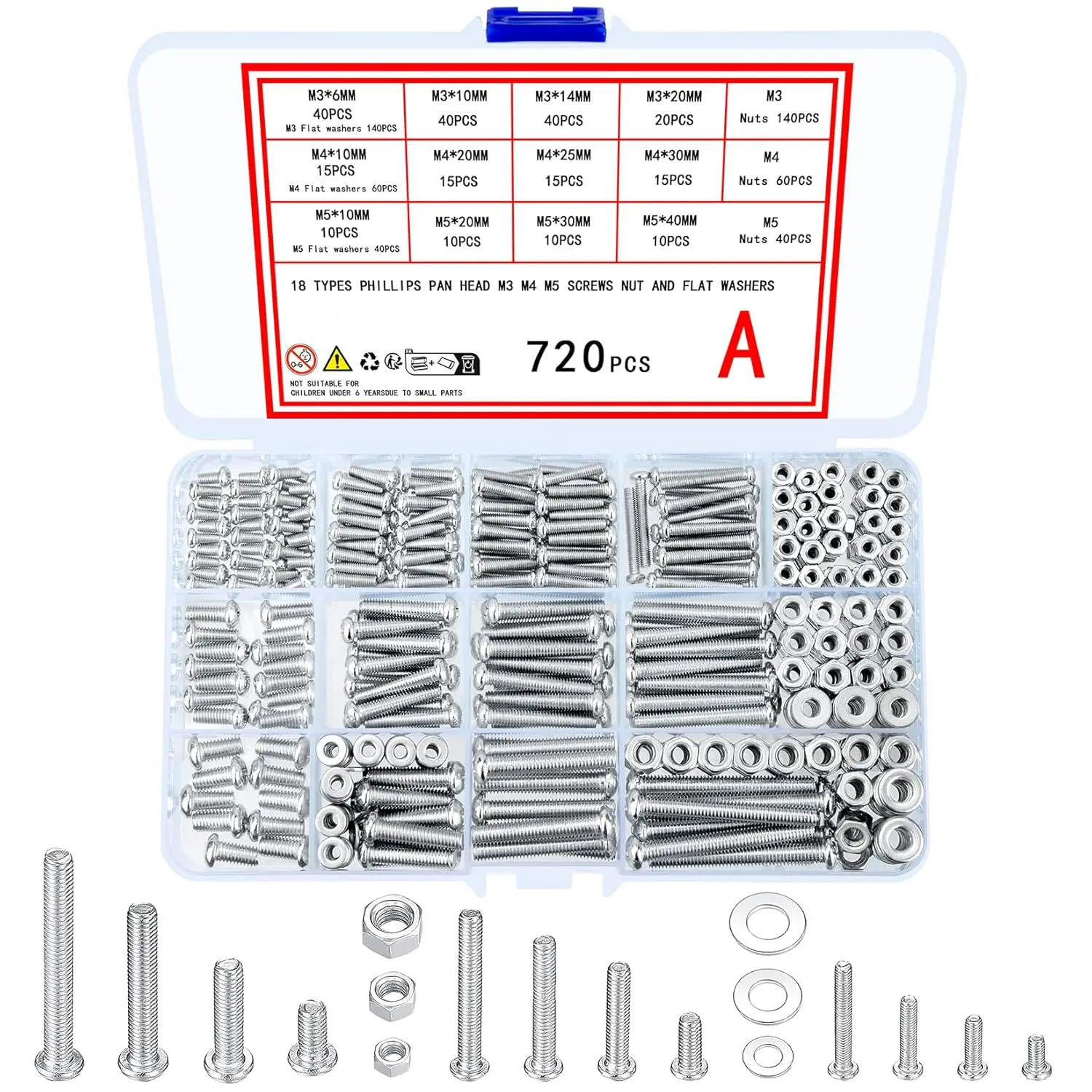 720 count Nuts and   Kit, M3 M4 M5 Carbon Steel Screws  and Nuts and Washers  Set,   Pan  Machine Screws Set, with Storage Case