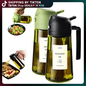 16oz/470ml Light Blocking Oil Sprayer for Cooking with Stickers, Food-Grade 2 in 1 Olive Oil Dispenser Bottle for Kitchen, Premium Dark Green Glass Oil Bottle for Air Fryer, BBQ