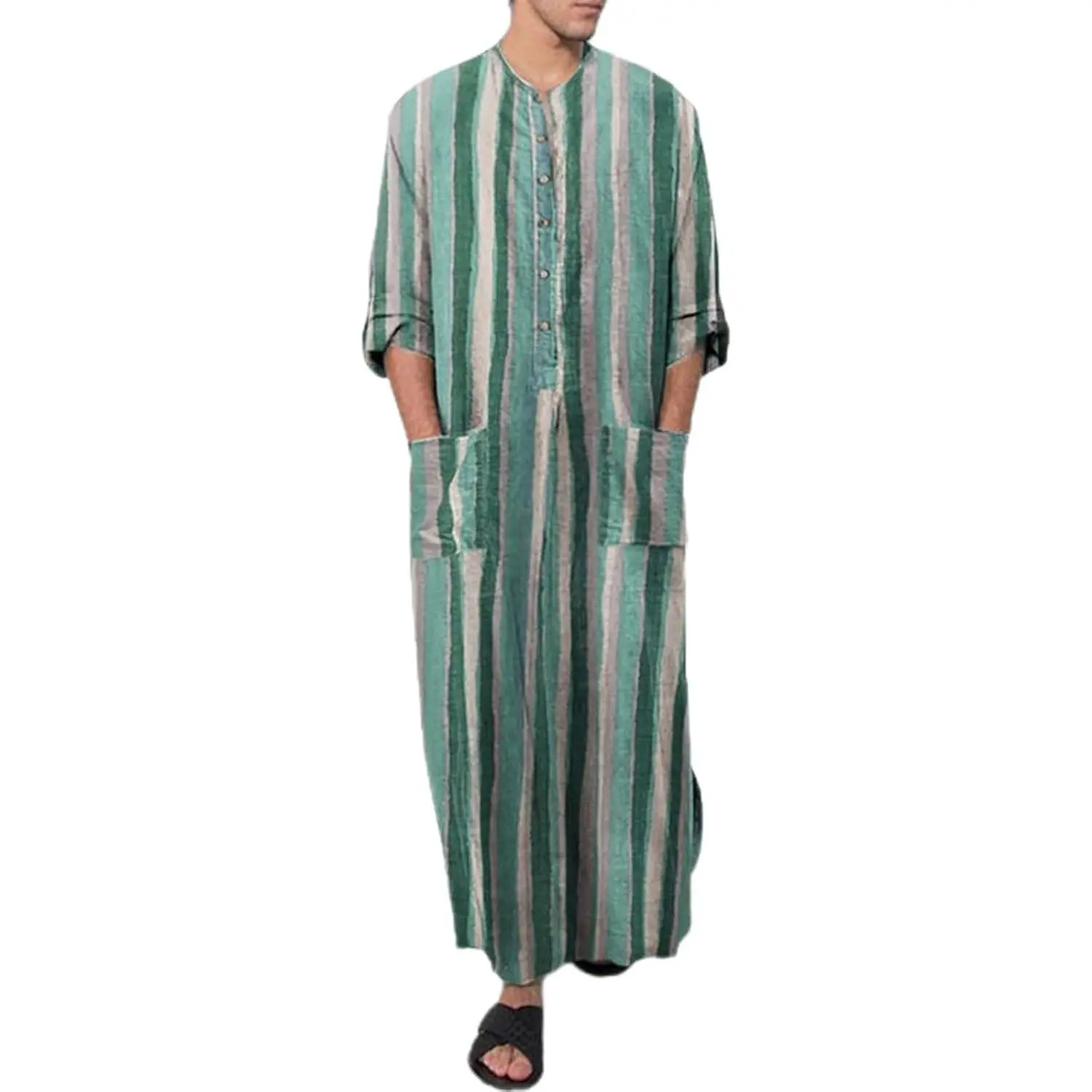 Lu's Chic Men's Kaftan Robe 3/4 Sleeve Long Gown Cotton House Coat Buttons Night Shirt Vintage Thobe Full Length with Pockets