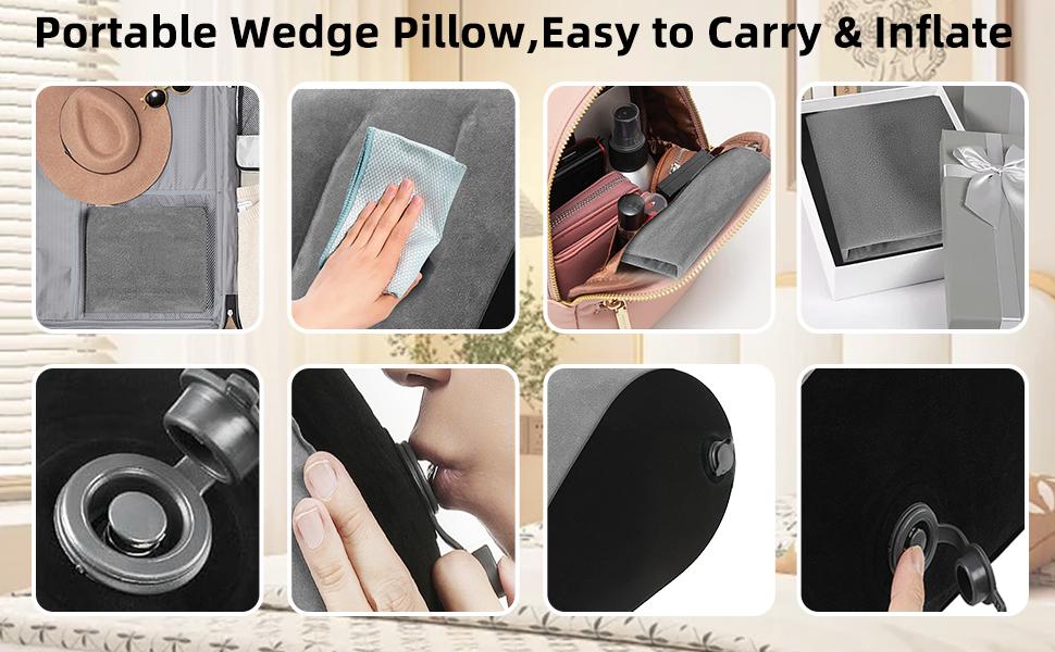 Grey 2-Pack PVC Flocking Wedge Shape Inflatable Pillows - Supportive Foldable Body Positioners for Sleeping, Leg Elevation, Fast Inflate & Deflation, Travel-Friendly