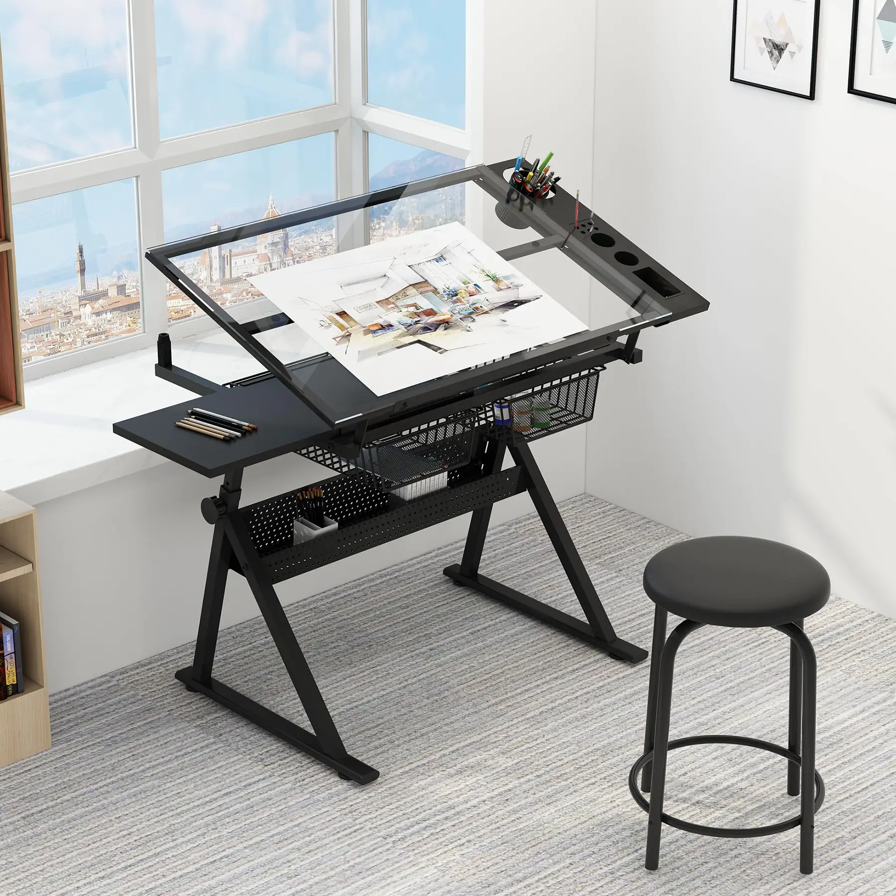 Height Adjustable Steel & Glass Drafting Table with Stool - Art Desk with Tiltable Top, 2 Storage Drawers, Multifunctional Home Office Work Station for Artists
