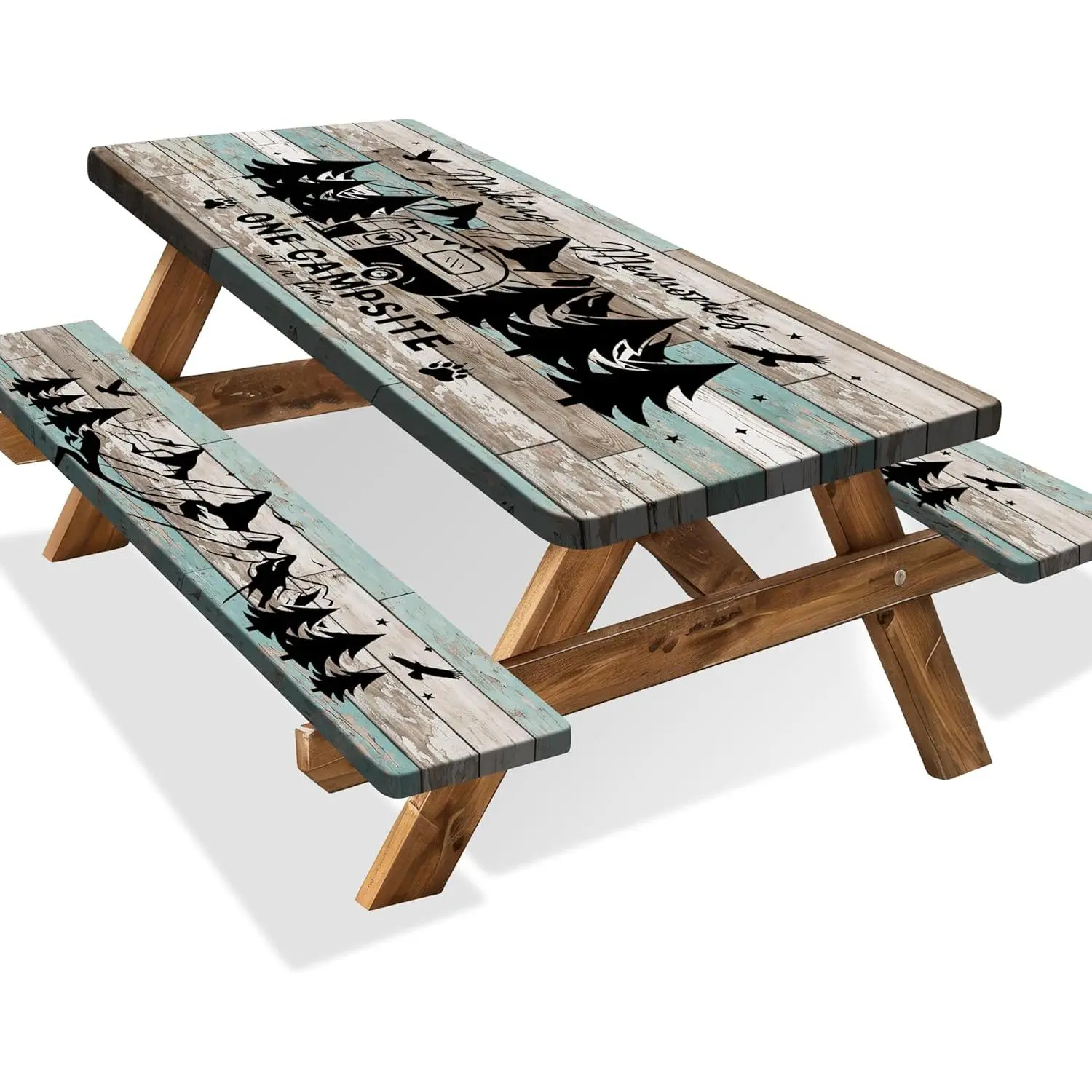 Table Cover with Bench Covers Camping Wood Texture Rectangle Fitted Tablecloth with Elastic Waterproof Table Cloth for RV Travel (Teal, 72" x 30" (Rectangular))