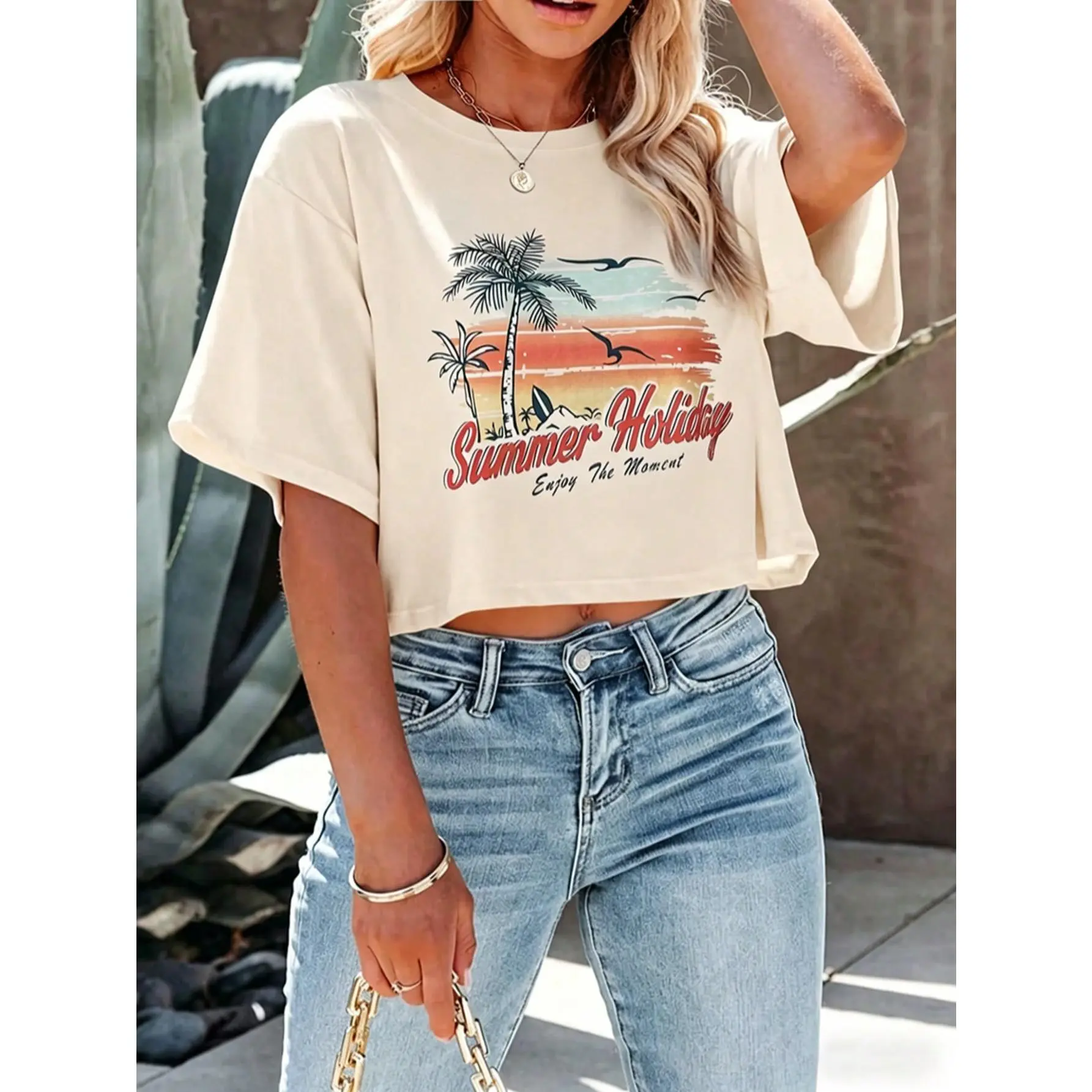 Women Loose Round Neck Crop Top, Tropical Letter Geometric Print Short Sleeve Tee, Lightweight Slight Stretch Breathable Summer Cropped T-Shirt Slim Shape Men's Moisture Wicking baggy compression Monaco Club Flag Hoodie bass pro gaiter