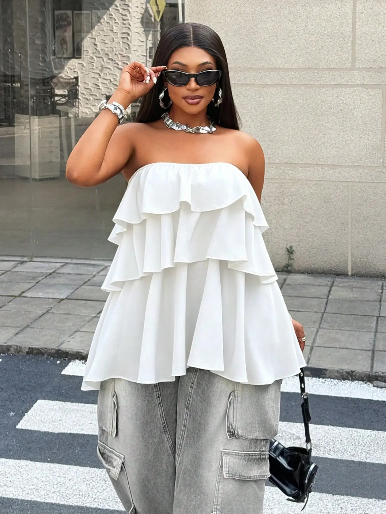 Women's Ruffle Tube Top, Y2K Layered Strapless Summer, Boho Style Slim-Fitting Solid Pattern, Perfect for Going Out, Bohemian