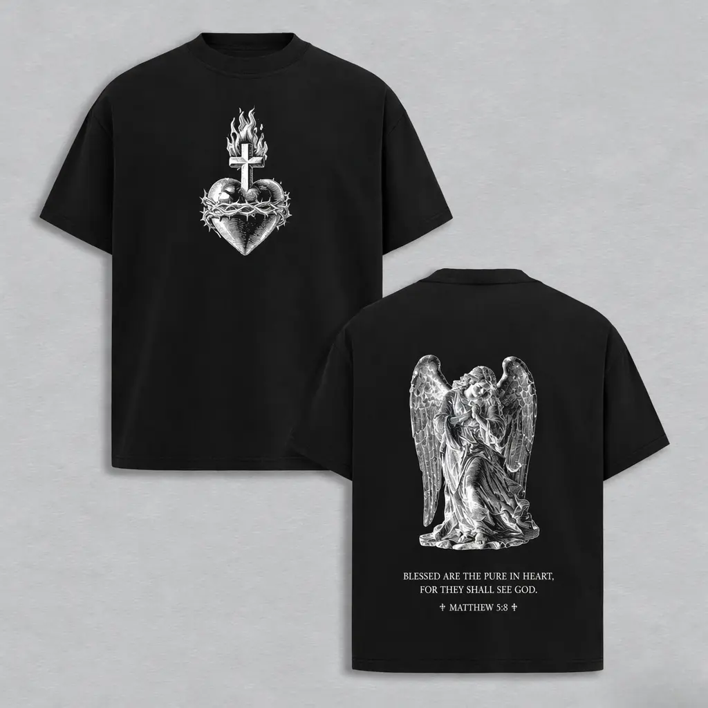 Sacred Heart Pure Heart Bible Verse Christian Graphic Tee, Front Flaming Thorn Sacred Heart Cross Chest Print, Back Kneeling Praying Angel With Matthew 5:8 Beatitudes Scripture, Vintage Woodcut Gothic Religious Oversized Cotton Streetwear -ZB