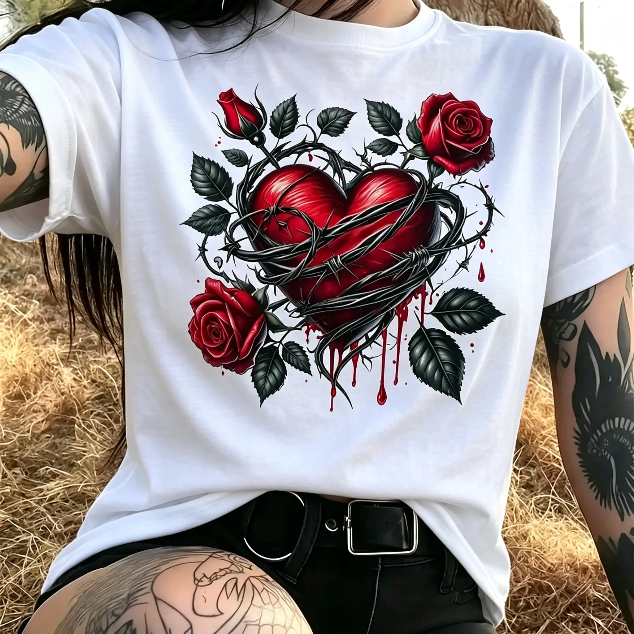 Unisex Gothic Thorn Barbed-Wire Red Heart Rose Graphic Crew Neck Short Sleeve T-Shirt - Cotton Fabric Cold Wash Sports Top, Soft Casual Streetwear Halloween Apparel, Round Neck Graphic Tees Women