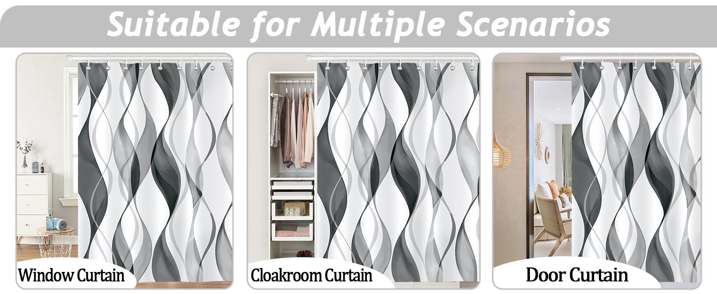 Gray Striped Shower Curtain 72x72 Inch, Modern Abstract Wavy Line Bathroom Curtain, Water-Resistant Polyester Fabric Bath Curtain with 12 Hooks, Minimalist Bathroom Decor