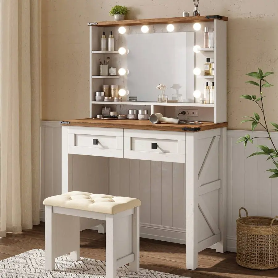 Classic 31-Inch Makeup Vanity Desk with Lighted Mirror, Charging Port, 2 Drawers and 3 Adjustable Brightness Color Modes