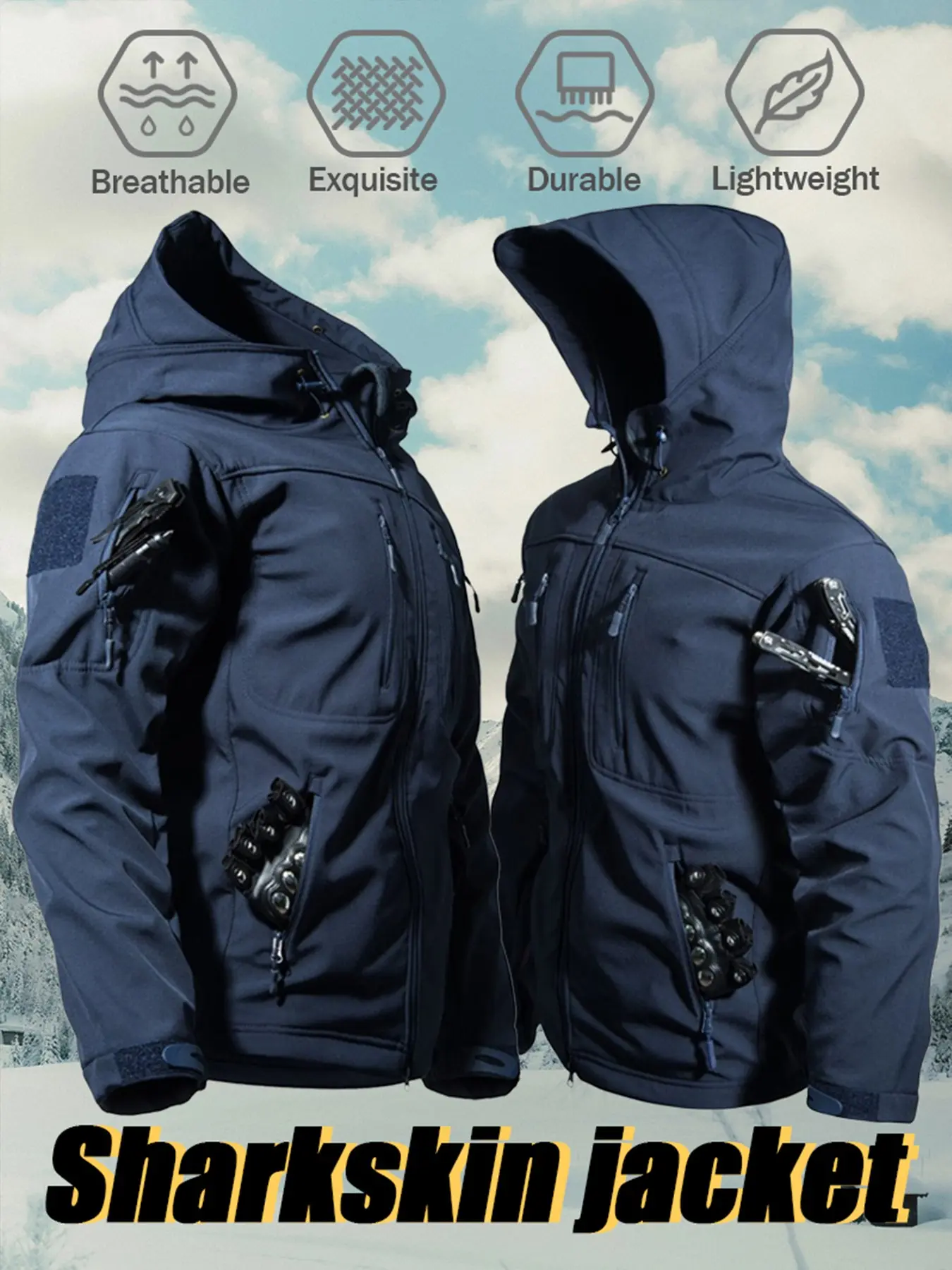 Men's Shark Skin Outdoor Tactical Jacket for Fall/Winter, Waterproof Style Workwear Jacket, Outdoor Zipper Jacket, Fleece-Lined Windproof Warm Multi-Pocket Hooded Jacket, Casual Workwear, Ideal for Outdoor Cycling, Fishing, Hunting, Hiking, and More