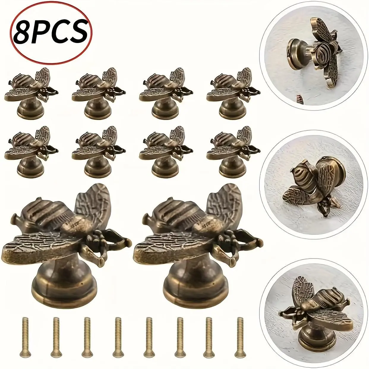 8-Pack Retro Bee Cast Metal Cabinet Pulls, Antique Brass Dresser Handles, Vintage Drawer Knobs for Furniture Makeover, Adult Woodworking Crafts