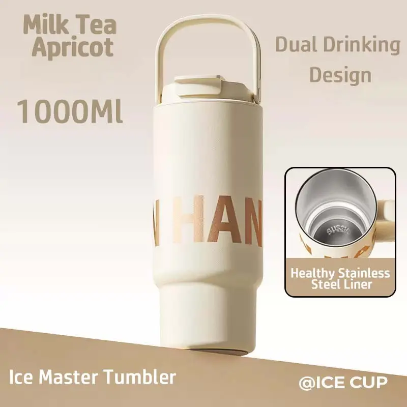 Double Drink Cup with Handle, Straw and Direct Drinking Mouth, 1000ML Capacity, Convenient Reusable Water Bottle, Ideal for Daily Use