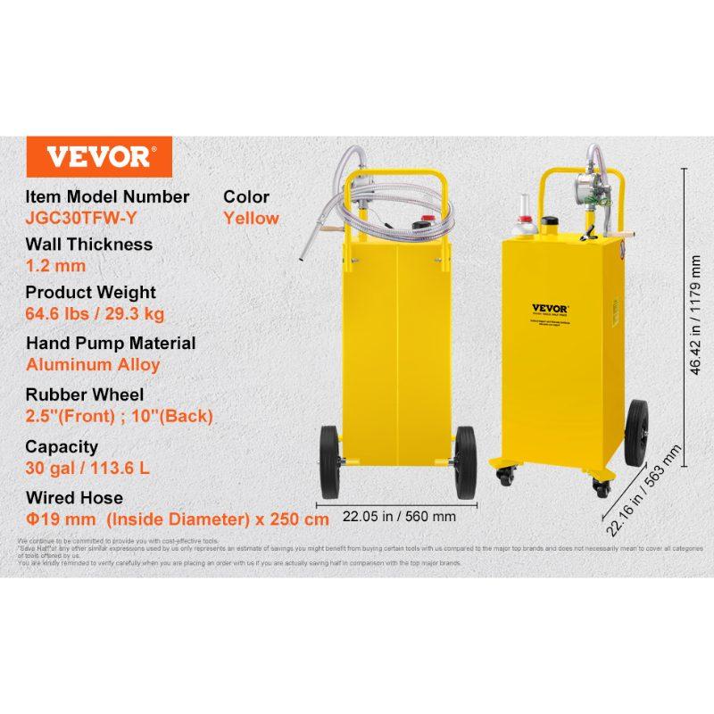 VEVOR 30 Gallon Fuel Caddy, Gas Storage Tank 4 Wheels, with Manuel Transfer Pump, Gasoline Diesel Fuel Container for Cars, Lawn Mowers, ATVs, Boats, More, Yellow