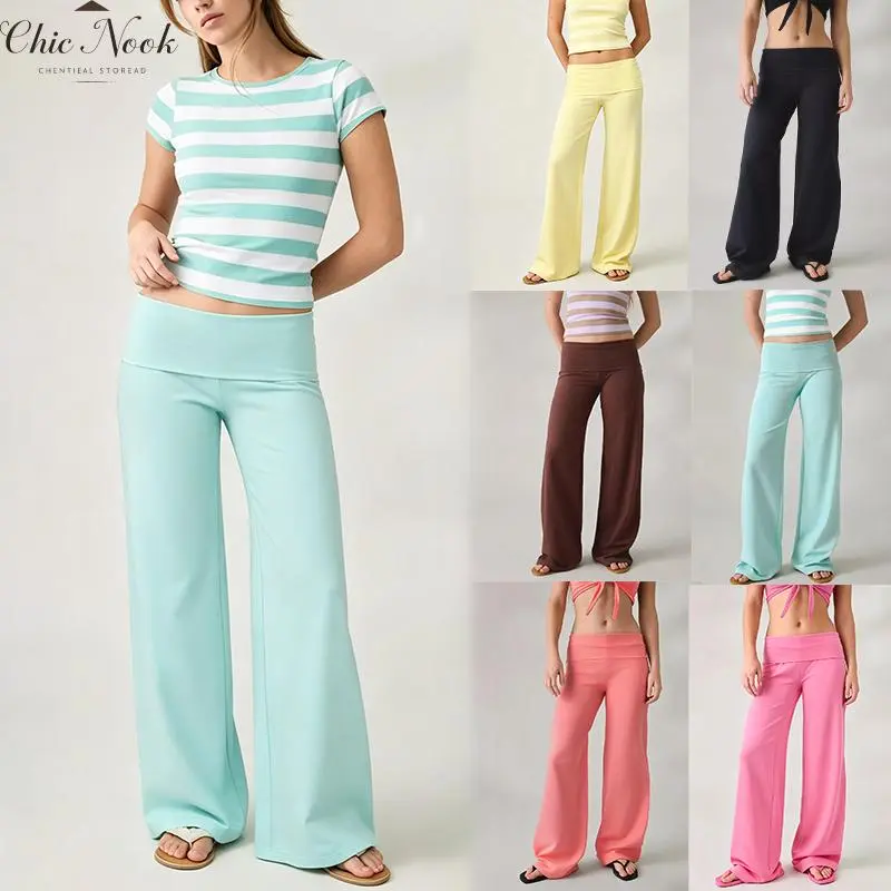 Women's Wide Leg Sweatpants Workout Lounge Pants Fold Over Low Rise Yoga Pants