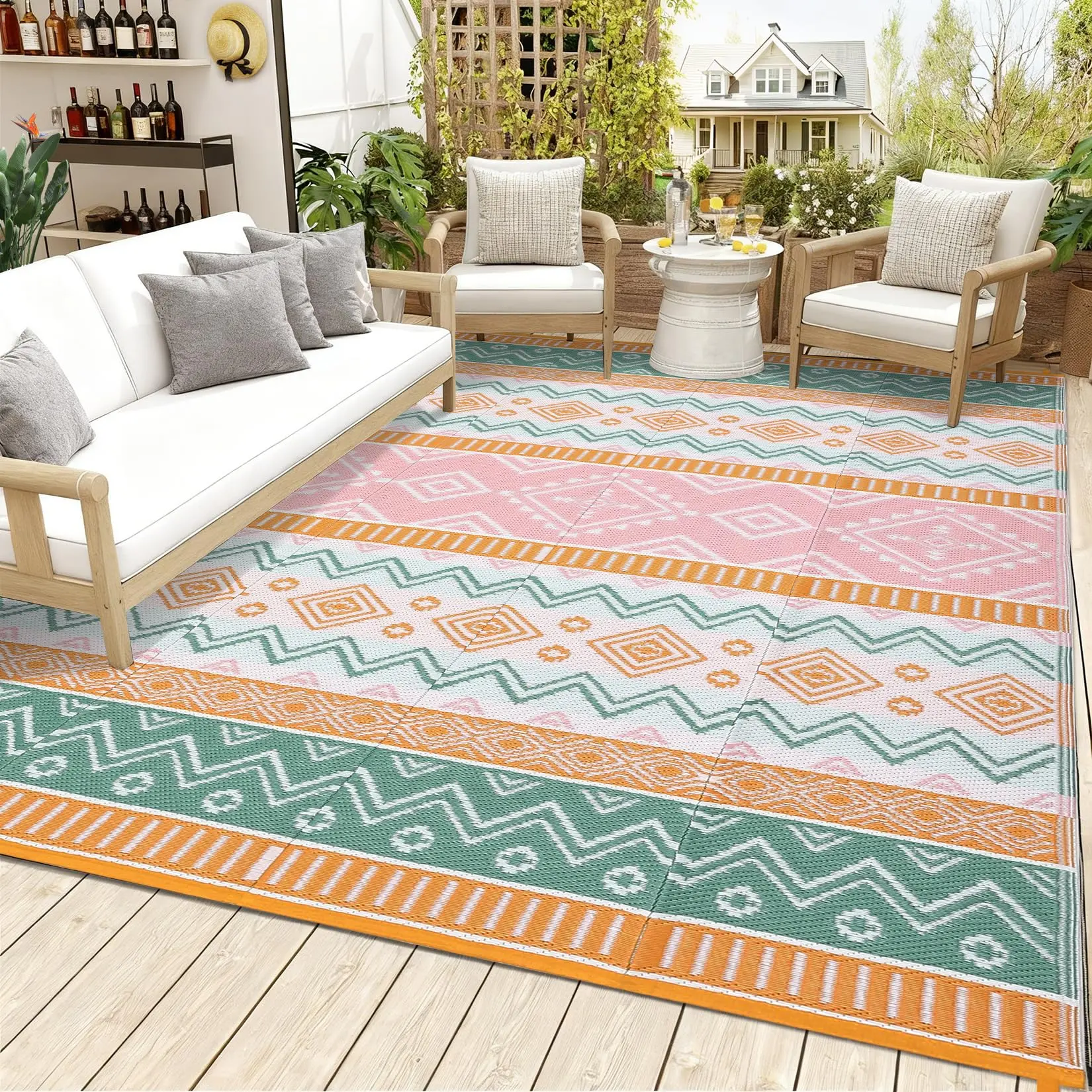 Plastic Woven Outdoor Rug Patio Mat,Lightweight Outdoor Rug Waterproof Plastic Straw Mat for Camping RV, Reversible Outside Carpet UV Resistant Easy to Sweep for Deck Porch Lawn
